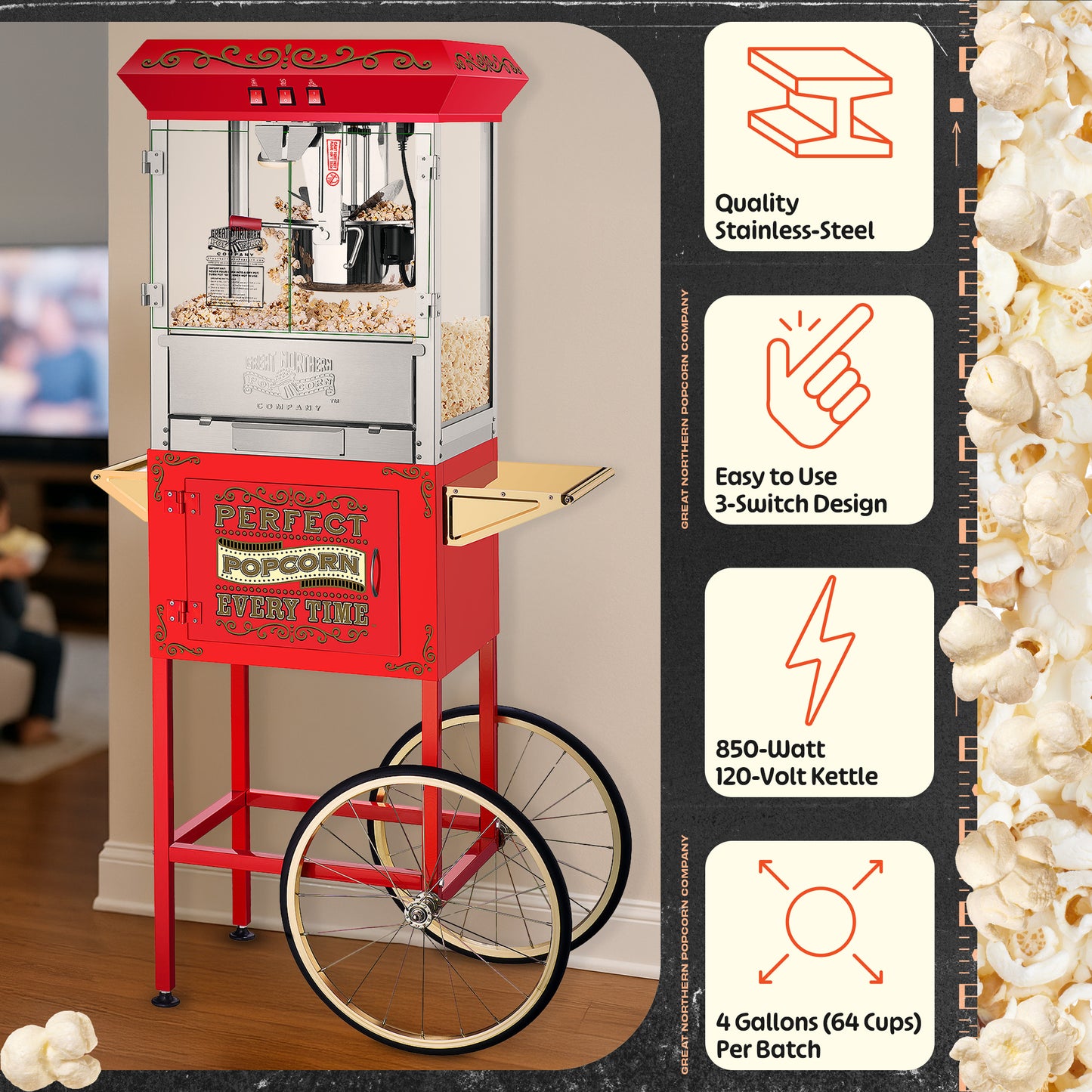 Great Northern Popcorn 10oz Machine with Cart, Red