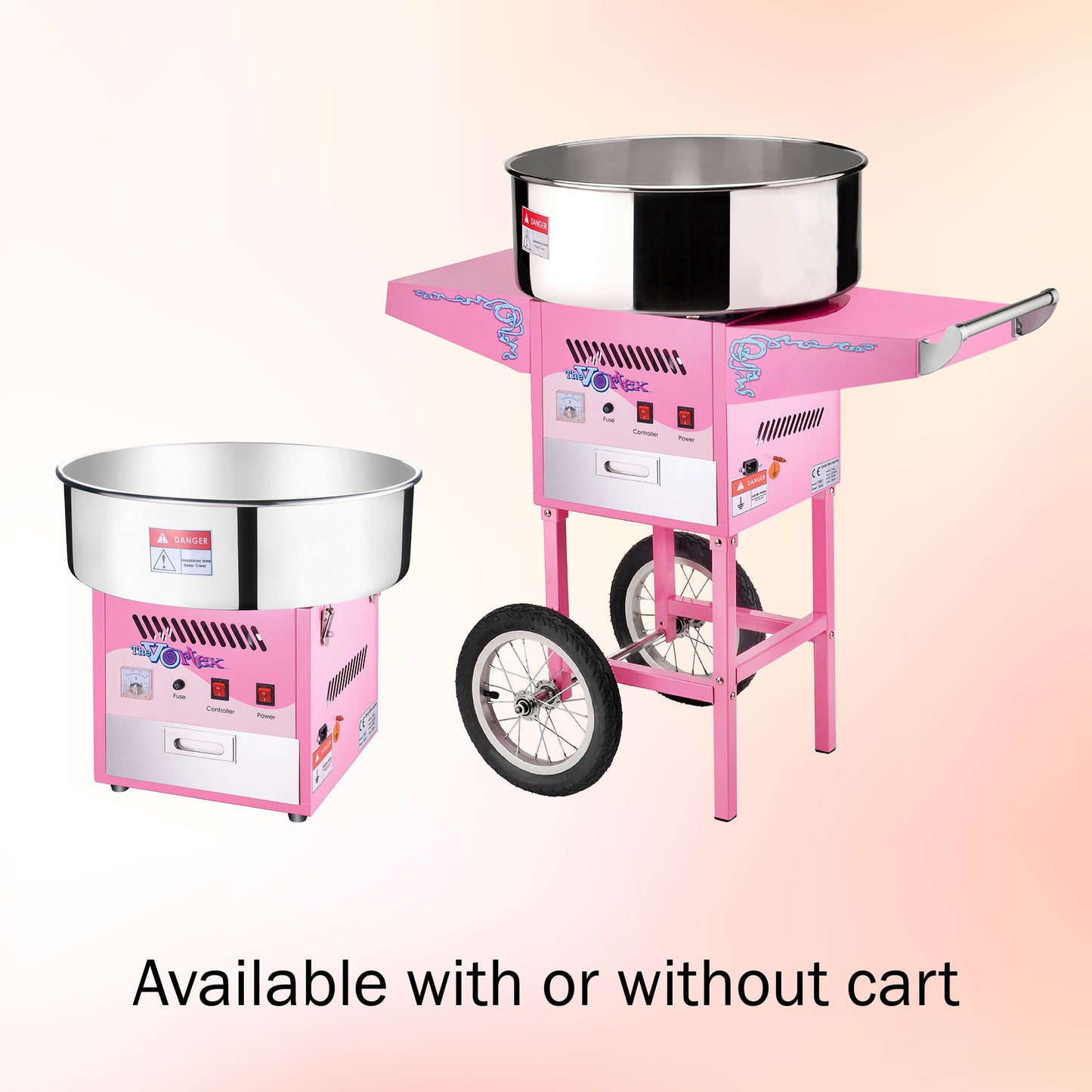 Cotton Candy Machine with Cart Vortex Candy Maker with Stainless-Steel Pan, 2 Side Trays, and 13-inch Wheels by Great Northern Popcorn (Pink)