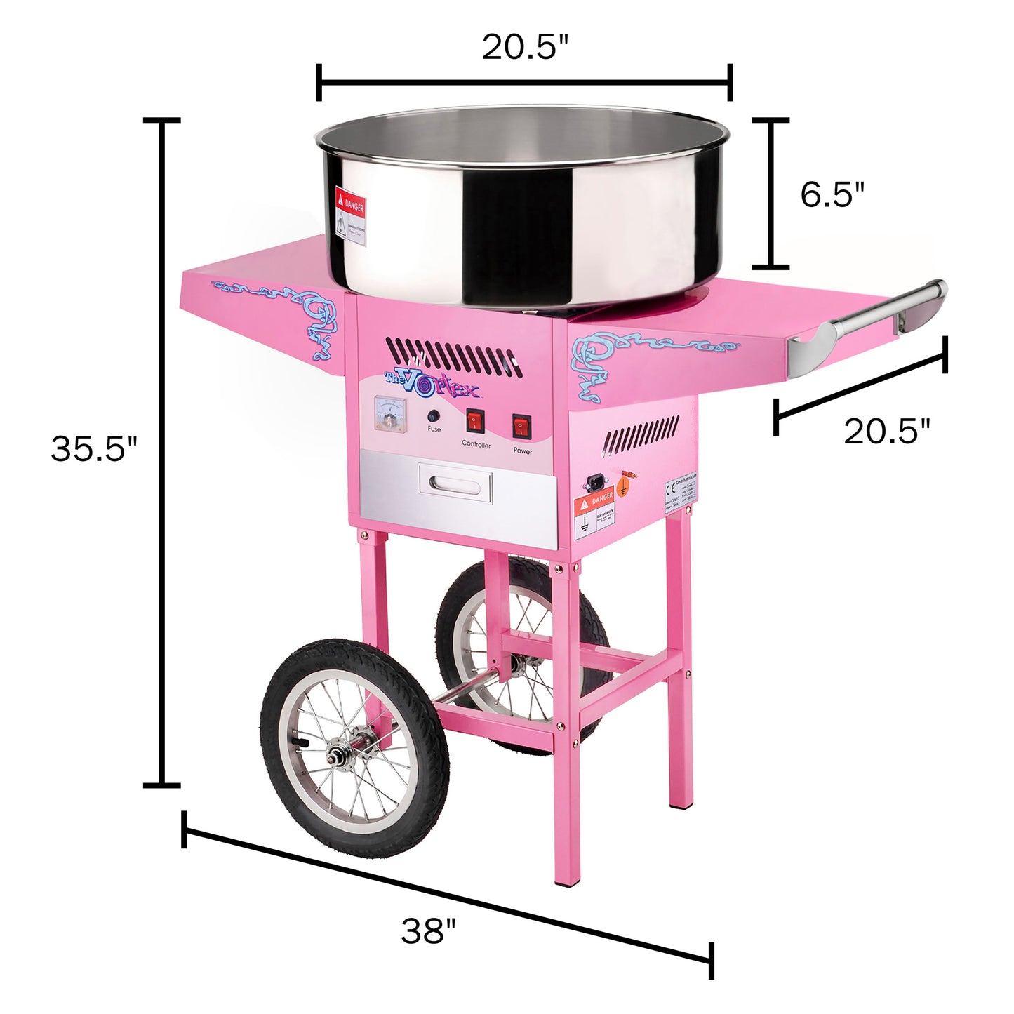 Cotton Candy Machine with Cart Vortex Candy Maker with Stainless-Steel Pan, 2 Side Trays, and 13-inch Wheels by Great Northern Popcorn (Pink)