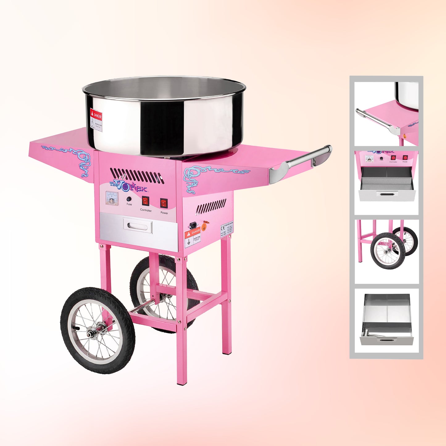 Cotton Candy Machine with Cart Vortex Candy Maker with Stainless-Steel Pan, 2 Side Trays, and 13-inch Wheels by Great Northern Popcorn (Pink)