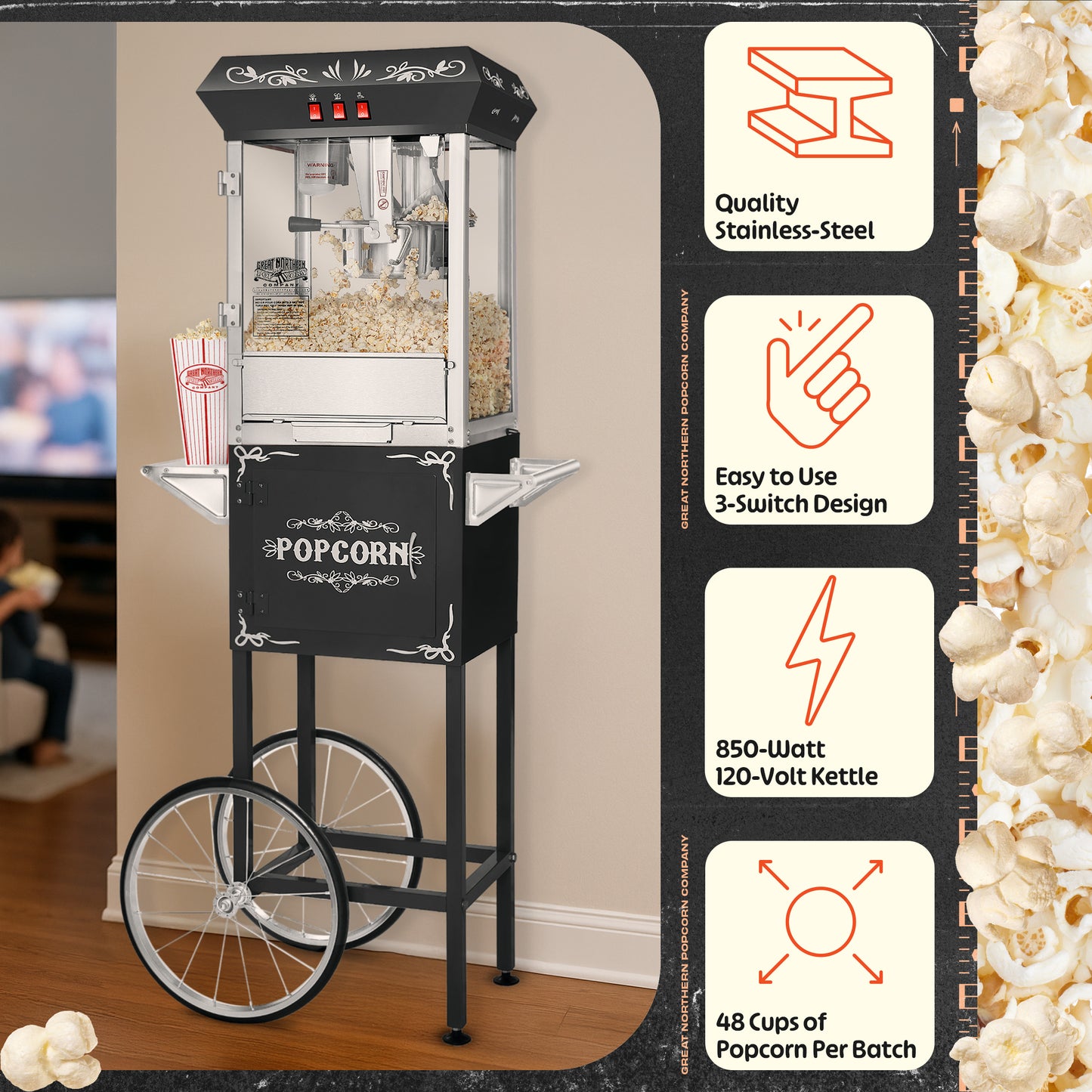 Great Northern Popcorn 8oz Popper with Cart, Black