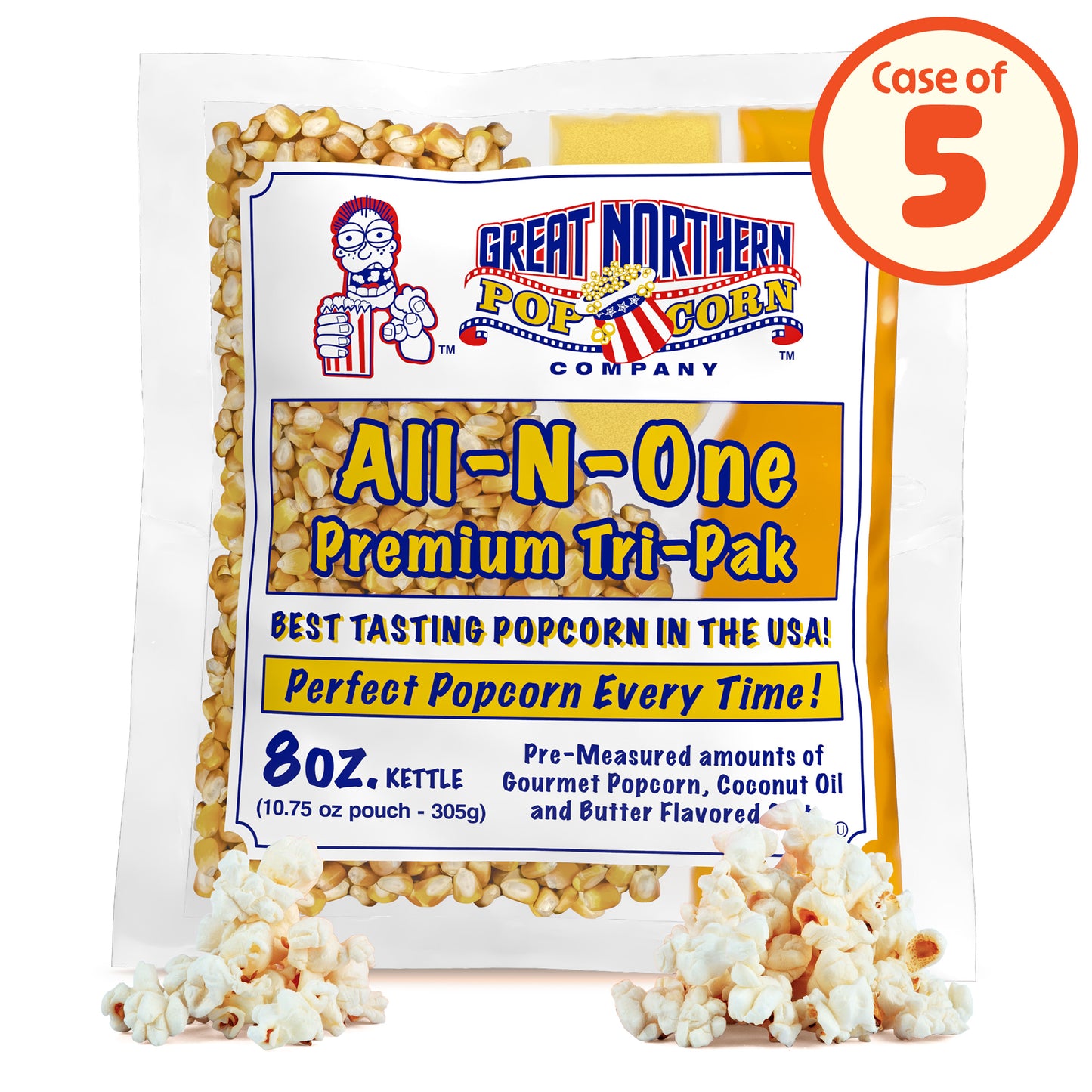8 oz Popcorn Packs – Pre-Measured, Movie Theater Style, All-in-One Kernel, Salt, Oil Packets for Popcorn Machines by Great Northern Popcorn (5-Pack)