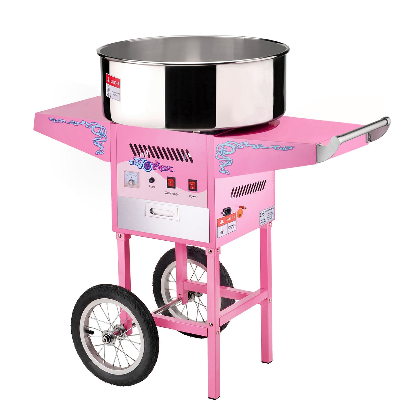 Cotton Candy Machine with Cart Vortex Candy Maker with Stainless-Steel Pan, 2 Side Trays, and 13-inch Wheels by Great Northern Popcorn (Pink)