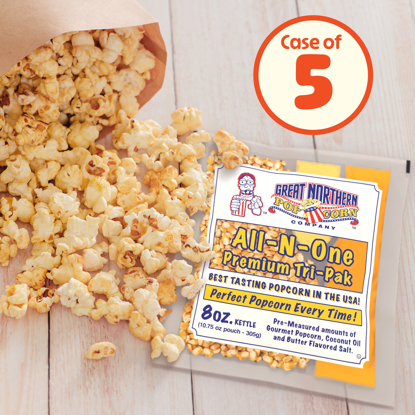 8 oz Popcorn Packs – Pre-Measured, Movie Theater Style, All-in-One Kernel, Salt, Oil Packets for Popcorn Machines by Great Northern Popcorn (5-Pack)