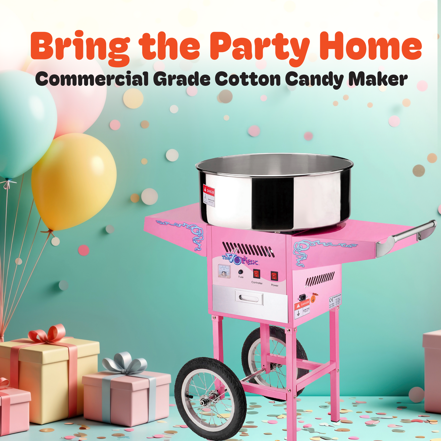 Cotton Candy Machine with Cart Vortex Candy Maker with Stainless-Steel Pan, 2 Side Trays, and 13-inch Wheels by Great Northern Popcorn (Pink)