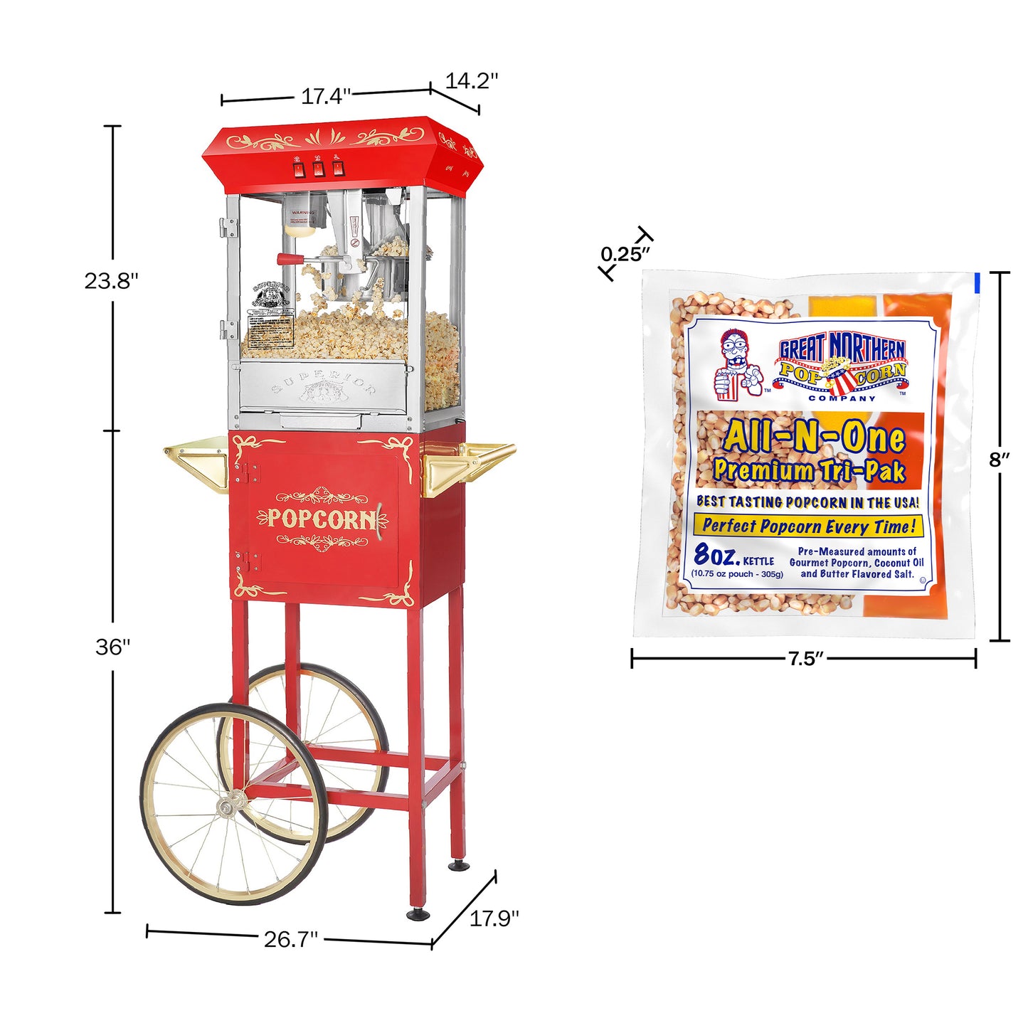 Foundation Popcorn Machine with Cart and 6 Ounce Kettle - Red