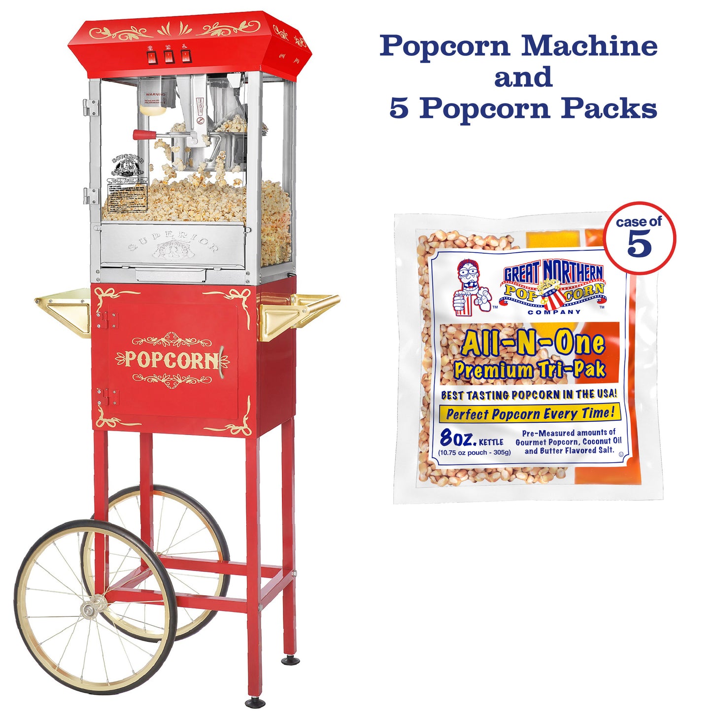 Foundation Popcorn Machine with Cart and 6 Ounce Kettle - Red