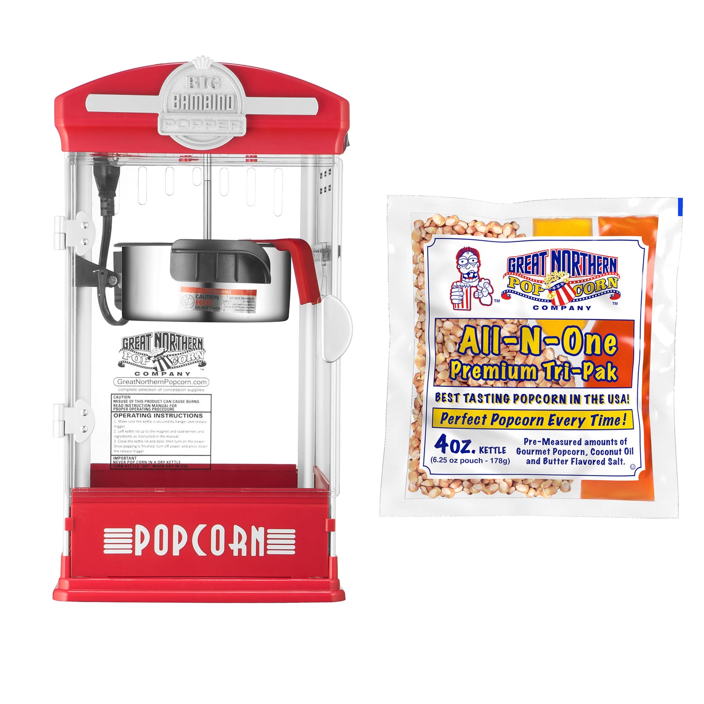 Big Bambino Popcorn Machine with 4 Ounce Kettle and 12 Pack of All-In-One Popcorn Kernel Packets  - Red