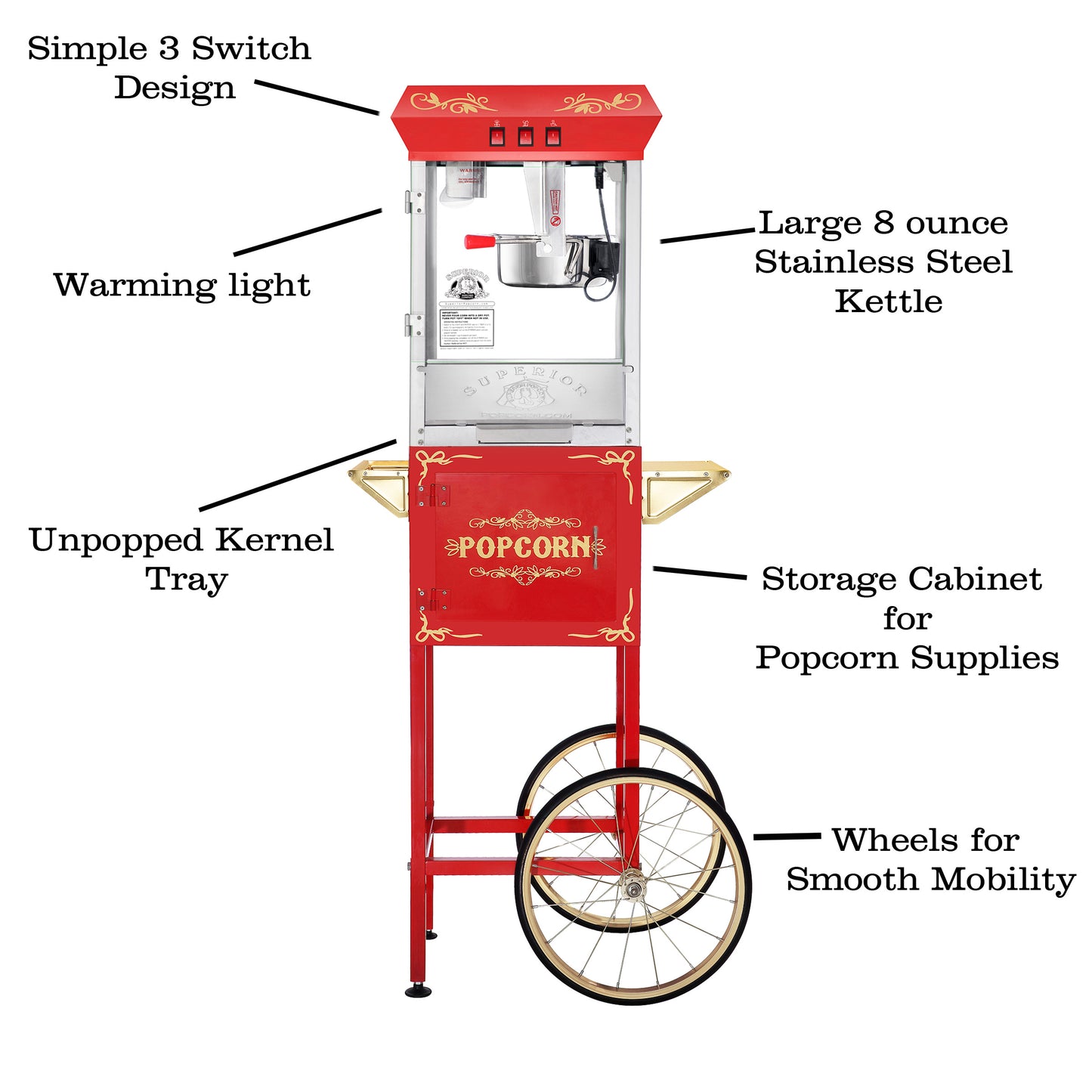 Foundation Popcorn Machine with Cart and 6 Ounce Kettle - Red