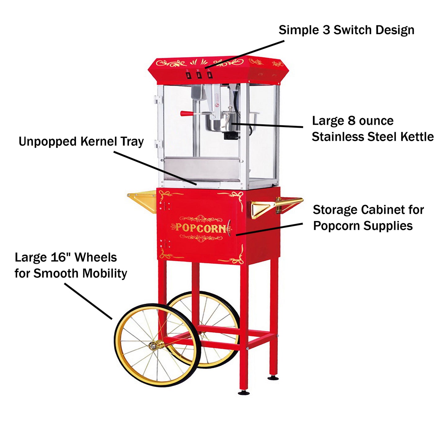 Foundation Popcorn Machine with Cart and 6 Ounce Kettle - Red