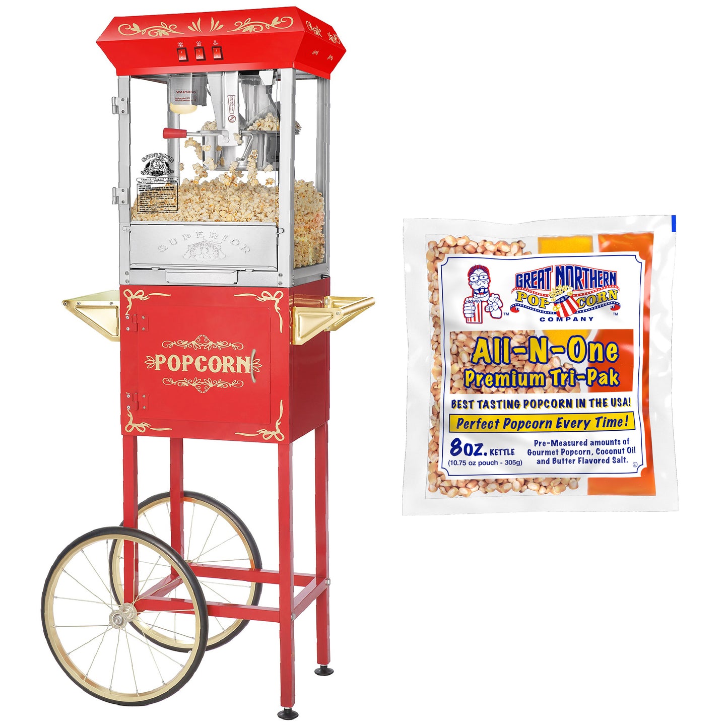 Foundation Popcorn Machine with Cart and 6 Ounce Kettle - Red