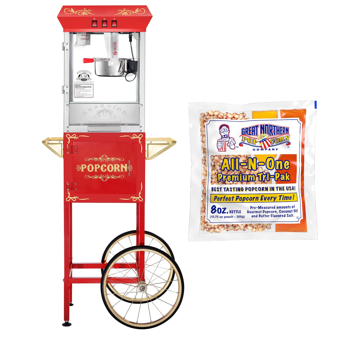 Foundation Popcorn Machine with Cart and 6 Ounce Kettle - Red