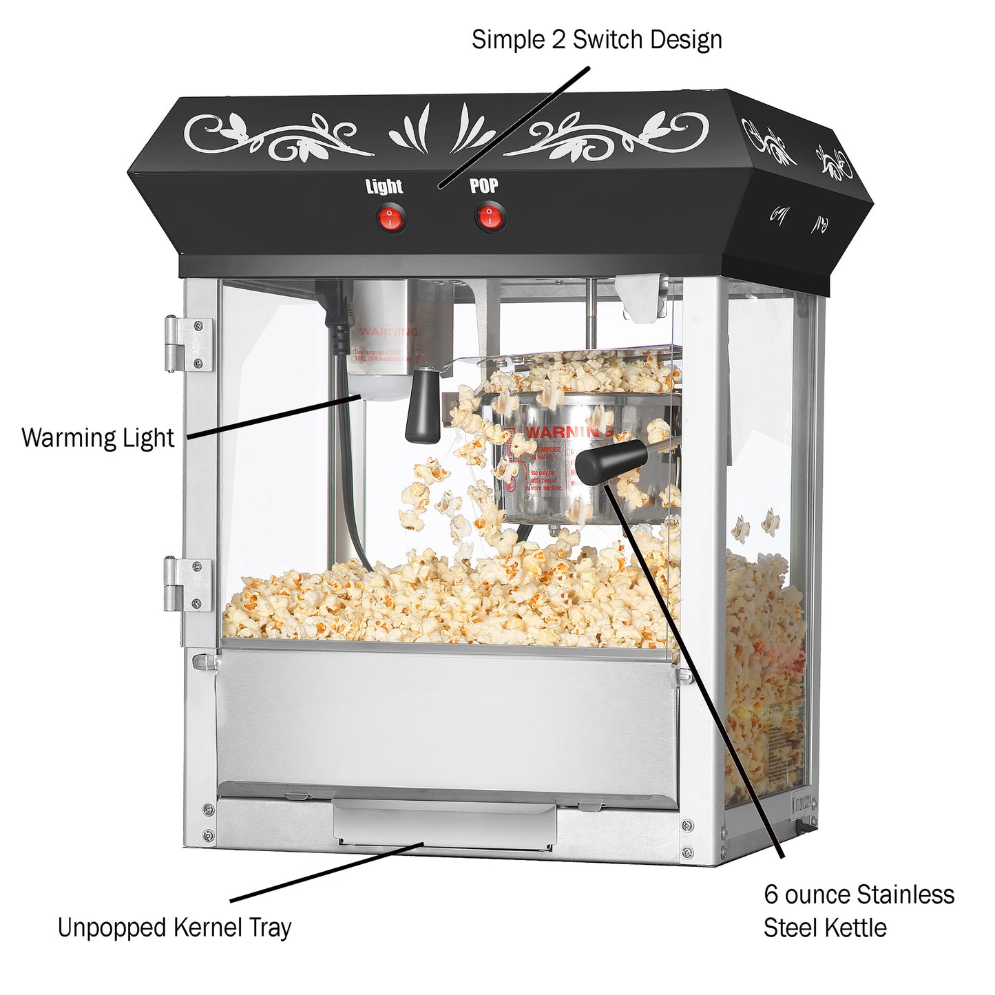Foundation Countertop Popcorn Machine - 1.5 Gallon Popper - 6oz Kettle, Old Maids Drawer, Warming Tray, Scoop by Great Northern Popcorn (Black)