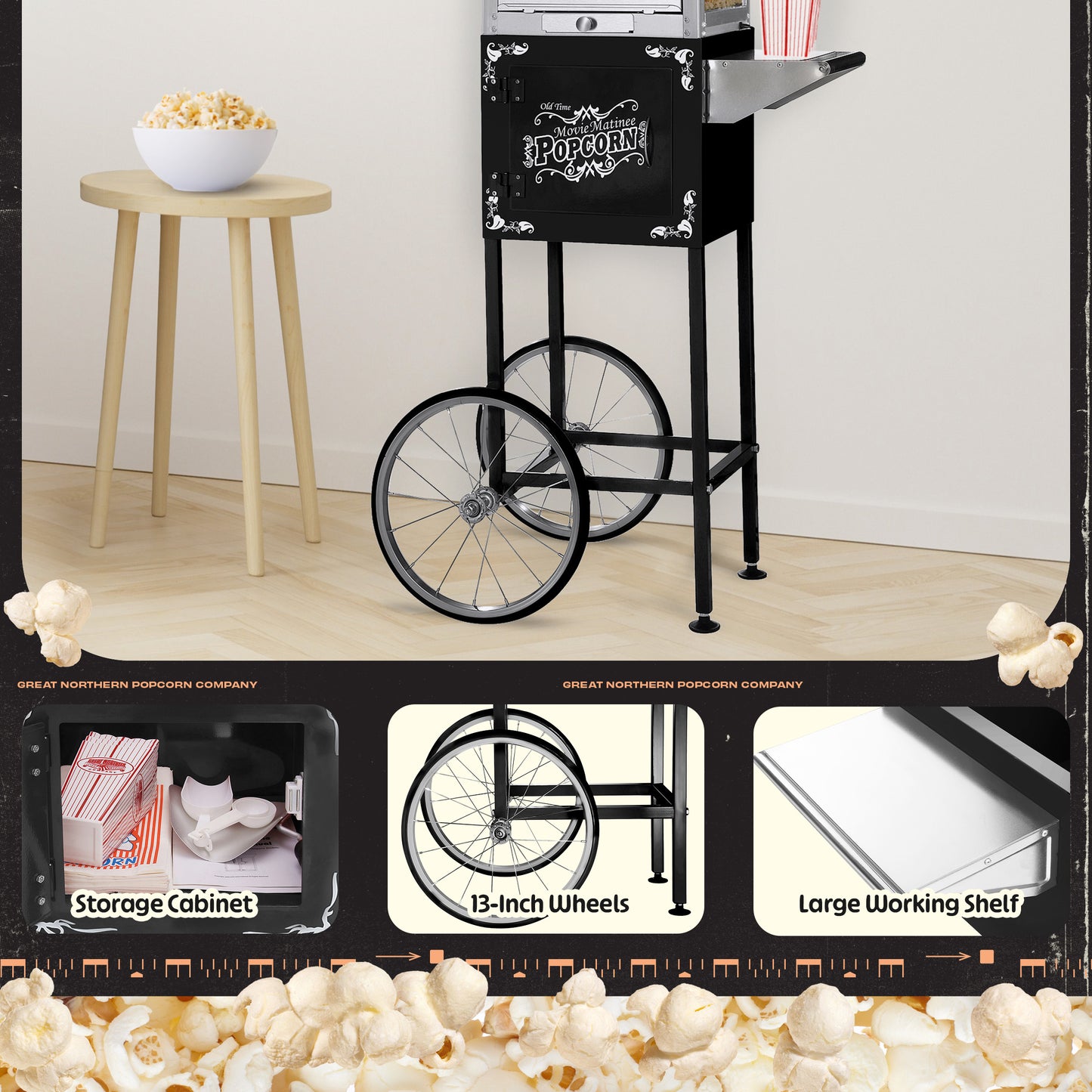Great Northern Popcorn Matinee Rolling Cart, Black