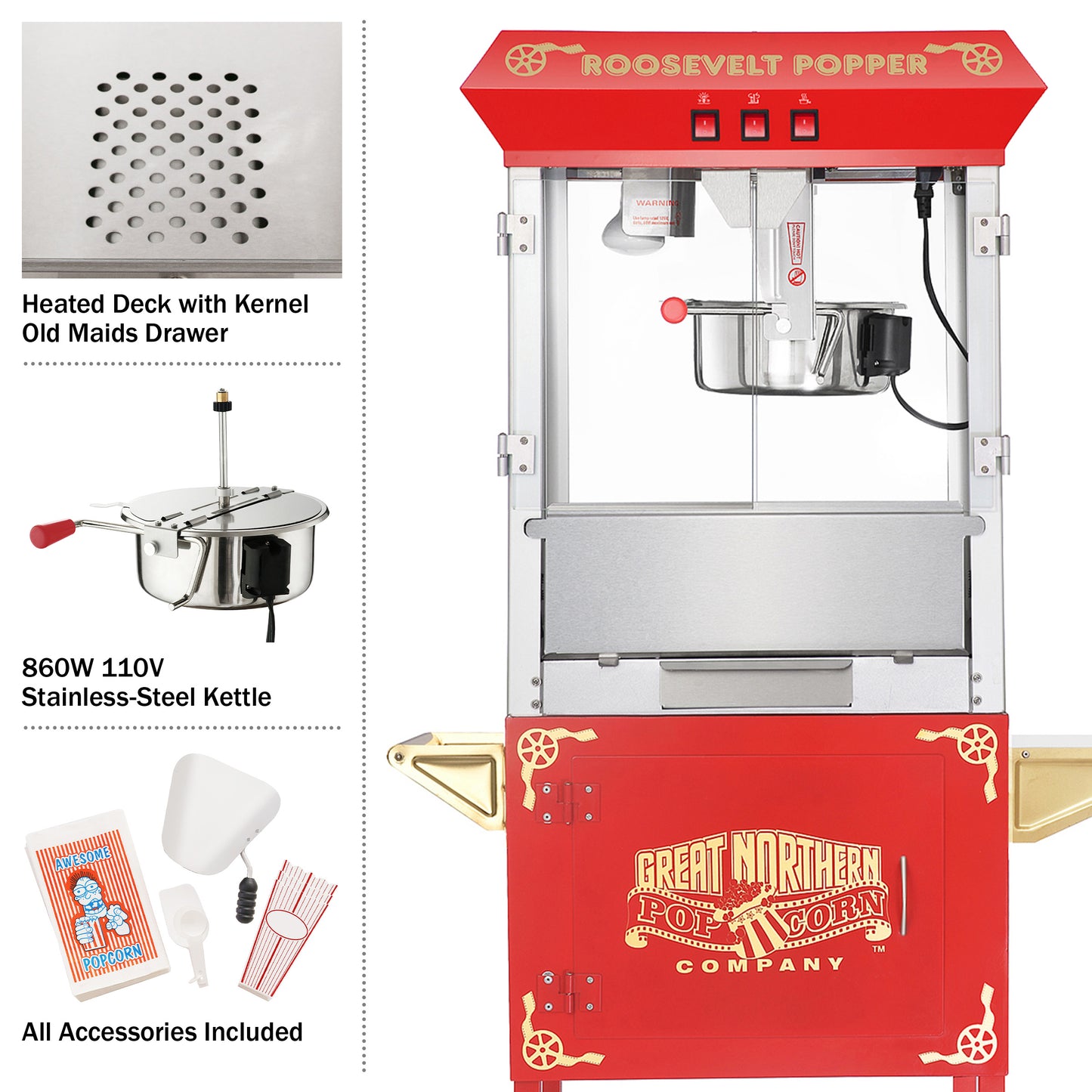 Great Northern Popcorn 8oz Popper with Cart, Red