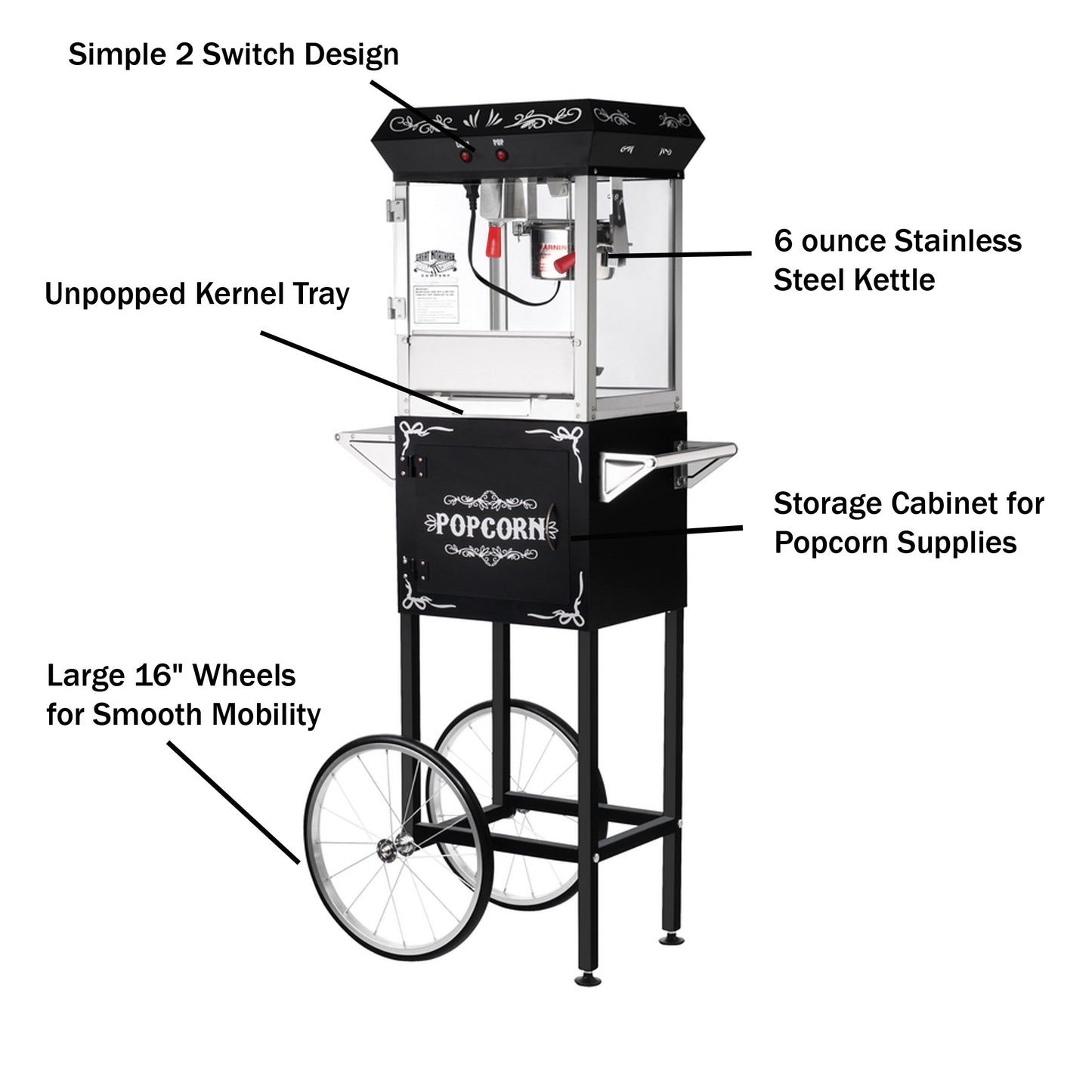 Great Northern Popcorn 6oz Popper with Cart, Black