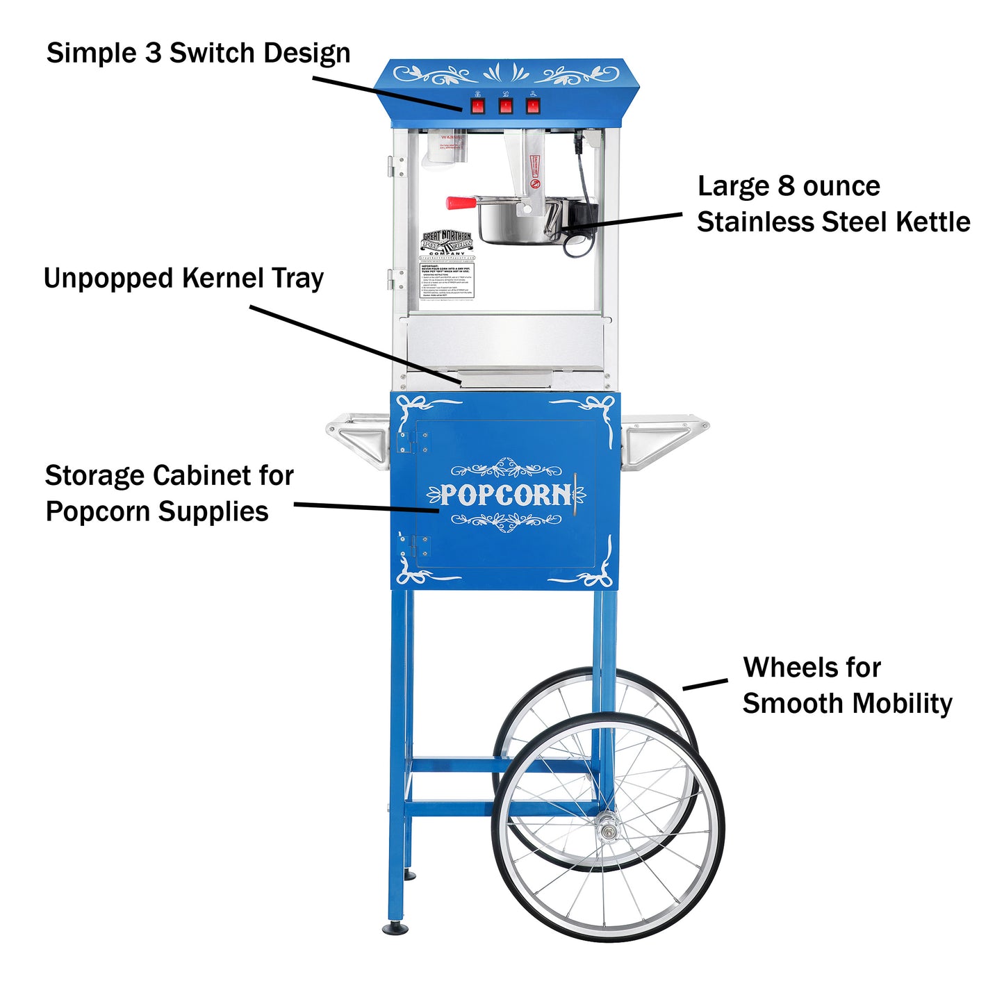 Great Northern Popcorn 8oz Popper with Cart, Blue