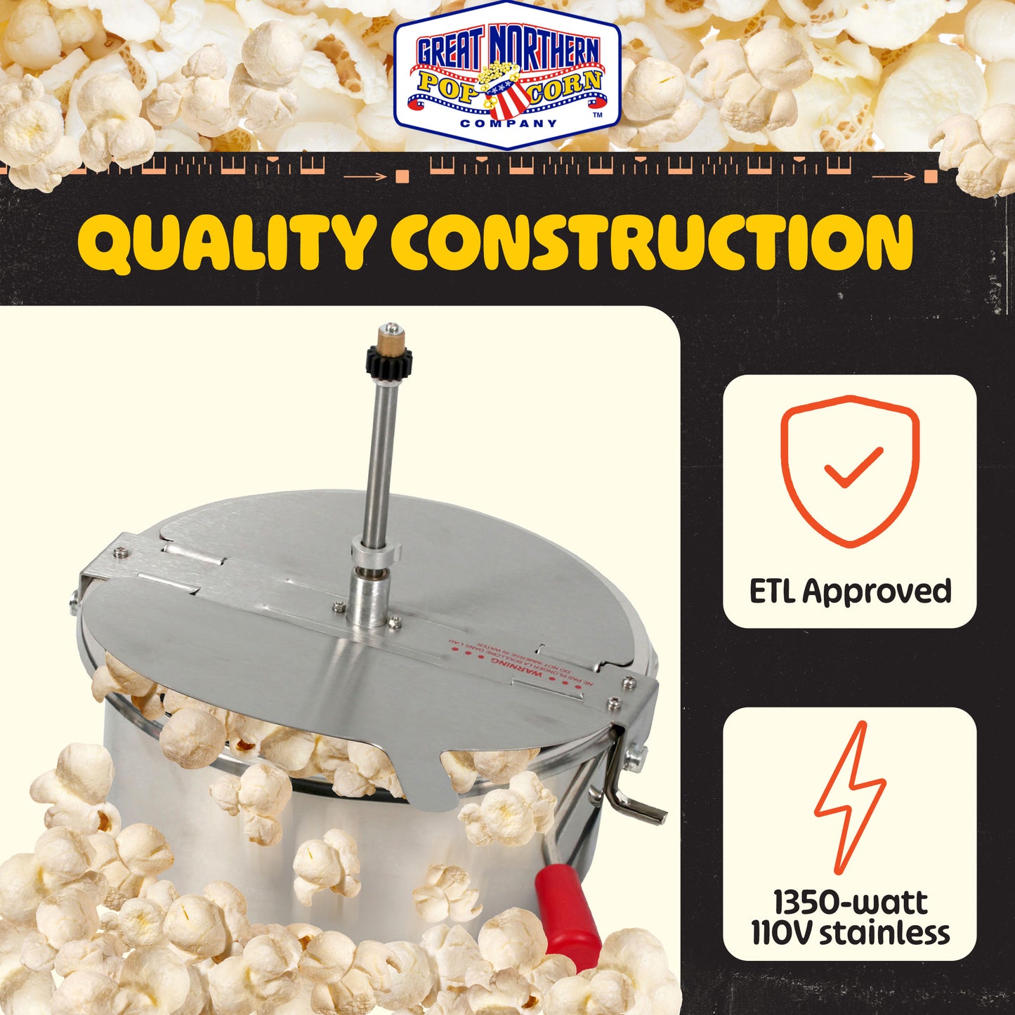 12 Oz Replacement Kettle for Popcorn Machine  1350W Kettle Popper with Lid, Stirrer, Gear Shaft, and 3-Prong Plug by Great Northern Popcorn