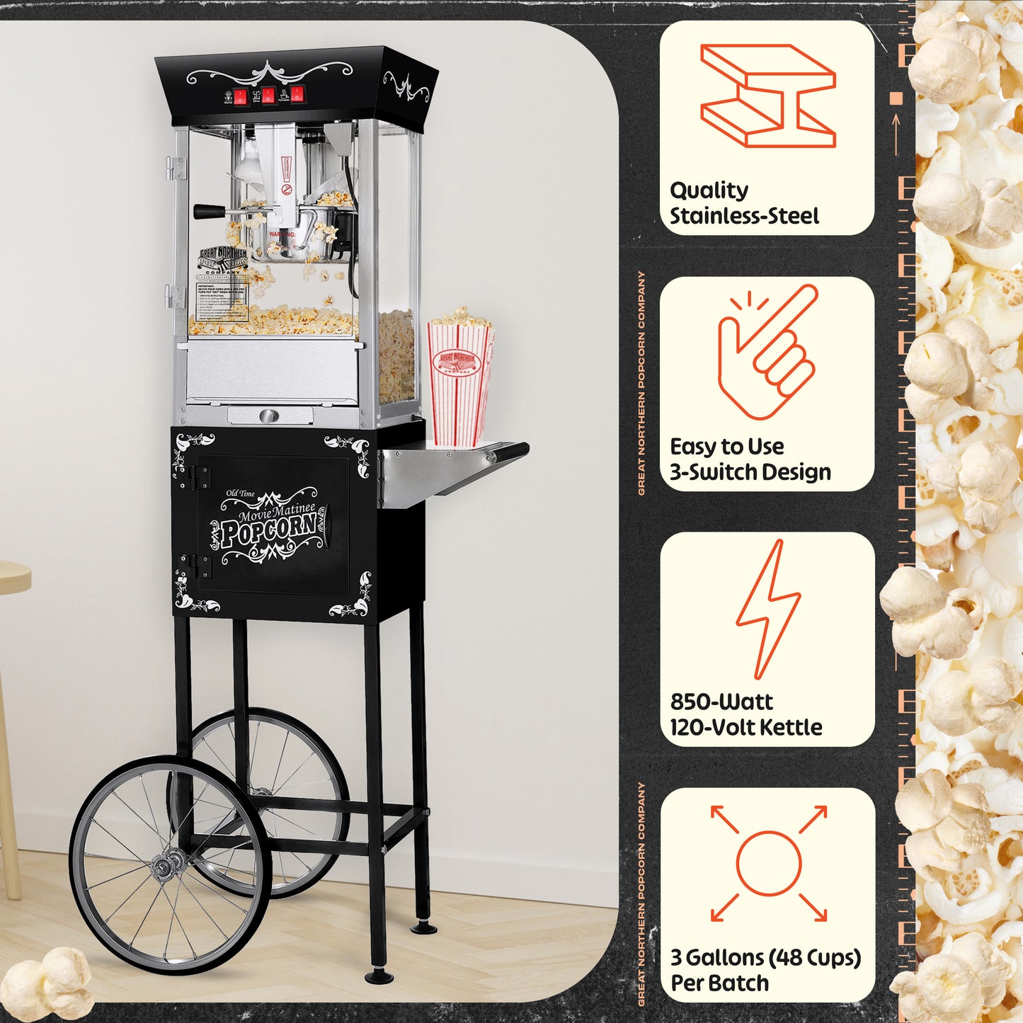 Great Northern Popcorn 8oz Popper with Cart, Black