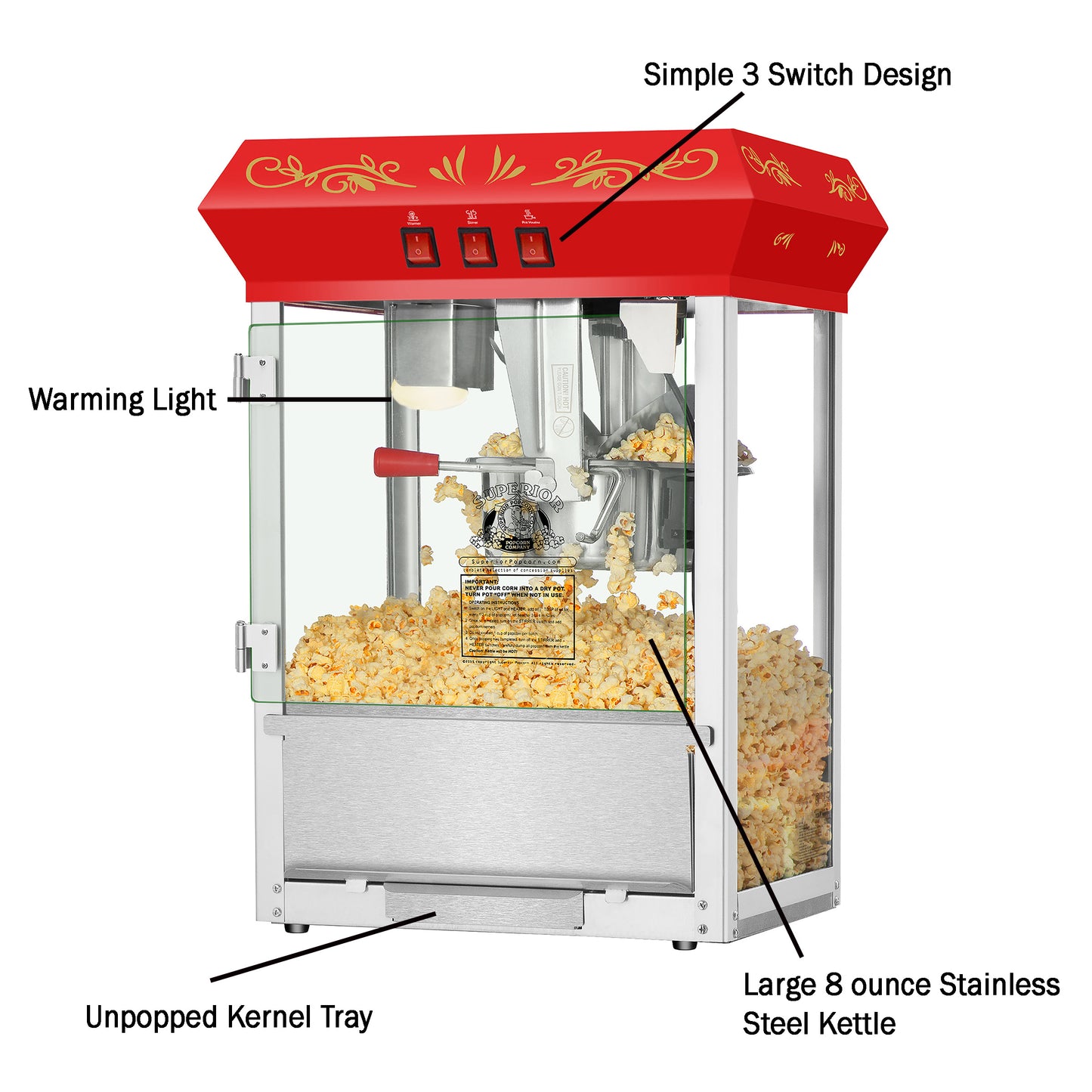 Carnival Countertop Popcorn Machine – 3 Gallon Popcorn Popper, 8oz Kettle, Warmer, and 5 All-in-One Kernel Packs by Great Northern Popcorn (Red)