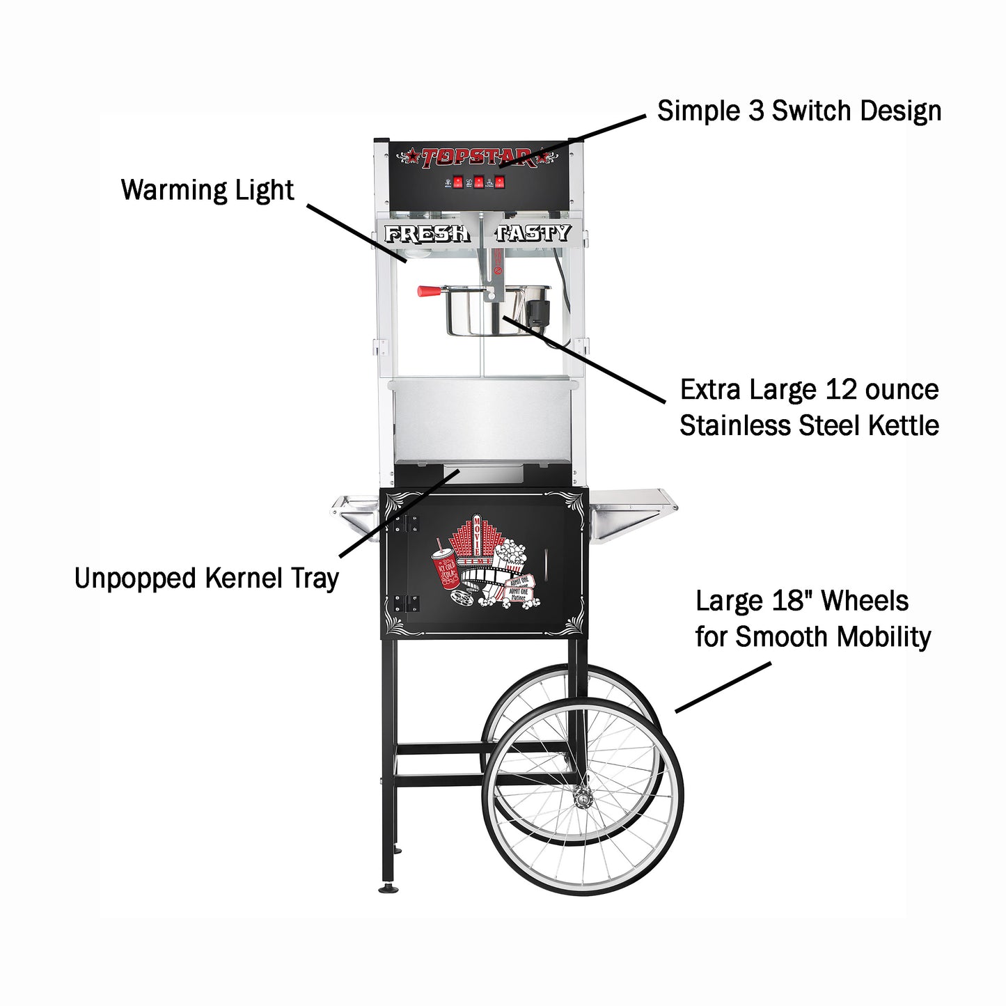 Great Northern Popcorn 12 Ounce Top Star Popcorn Machine?? Electric Countertop Popcorn Maker and Cart (Black)