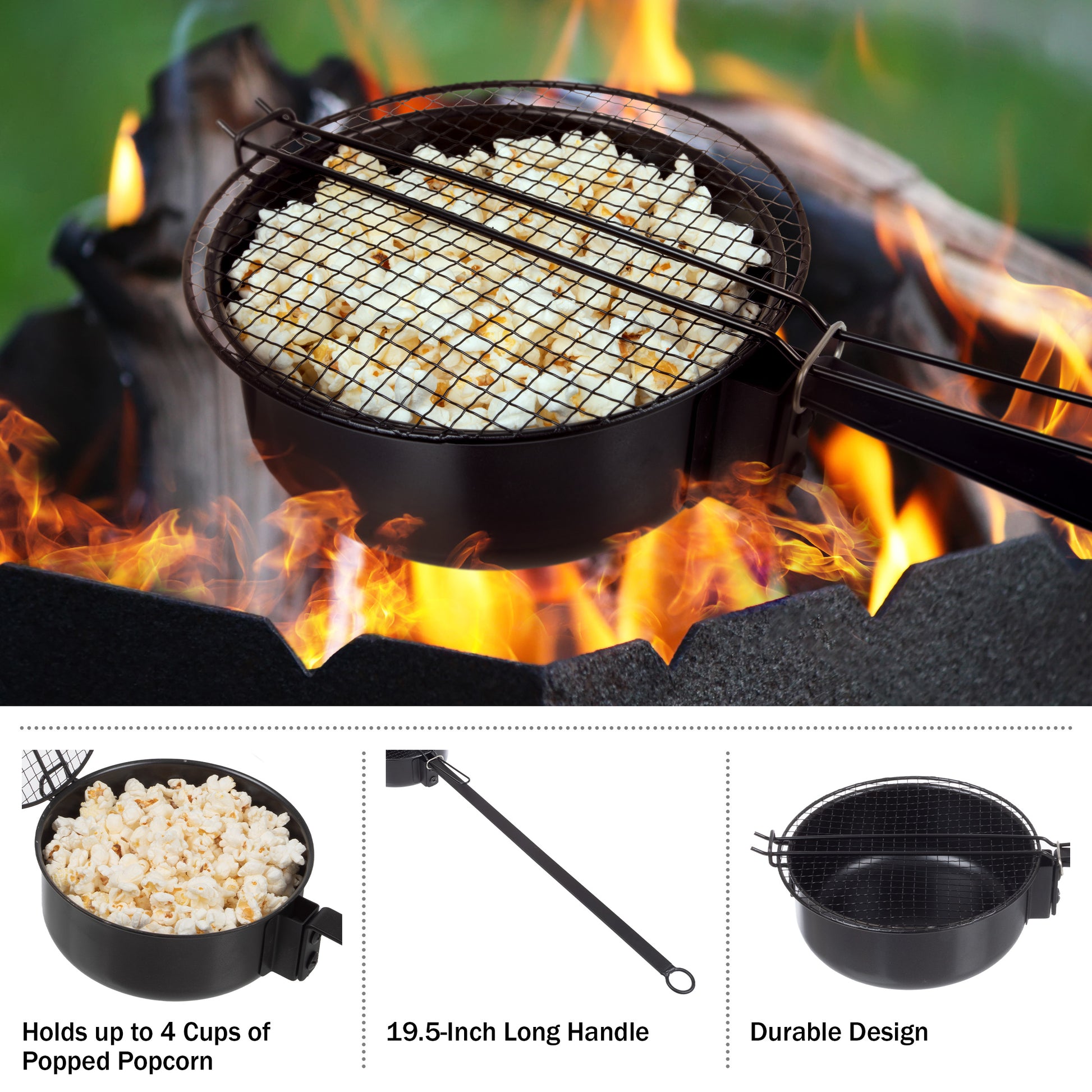 Campfire Popcorn Popper - Old Fashioned Popcorn Maker with Extended Handle  - Camping Gear by Great Northern Popcorn (Black)