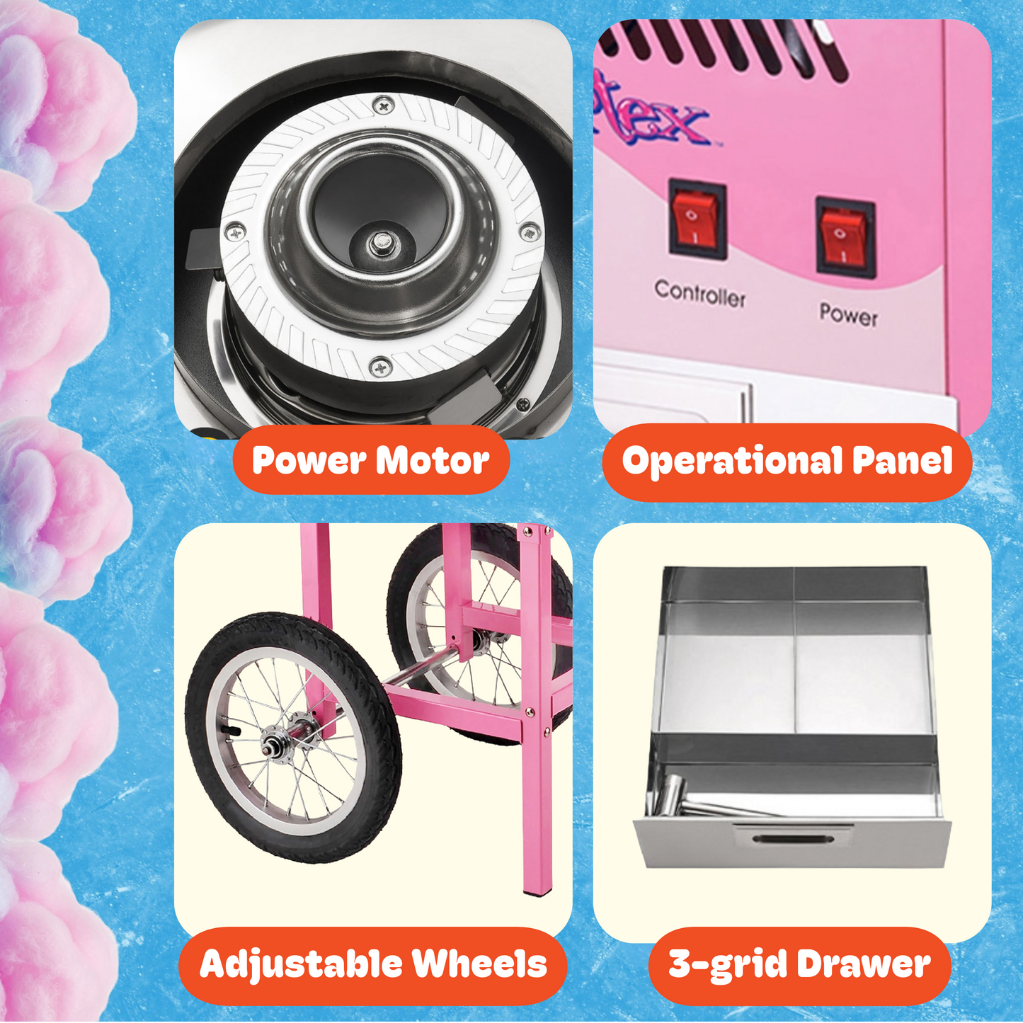 Cotton Candy Machine with Cart  Vortex Candy Maker with Stainless-Steel Pan, 2 Side Trays, and 13-inch Wheels by Great Northern Popcorn (Pink)