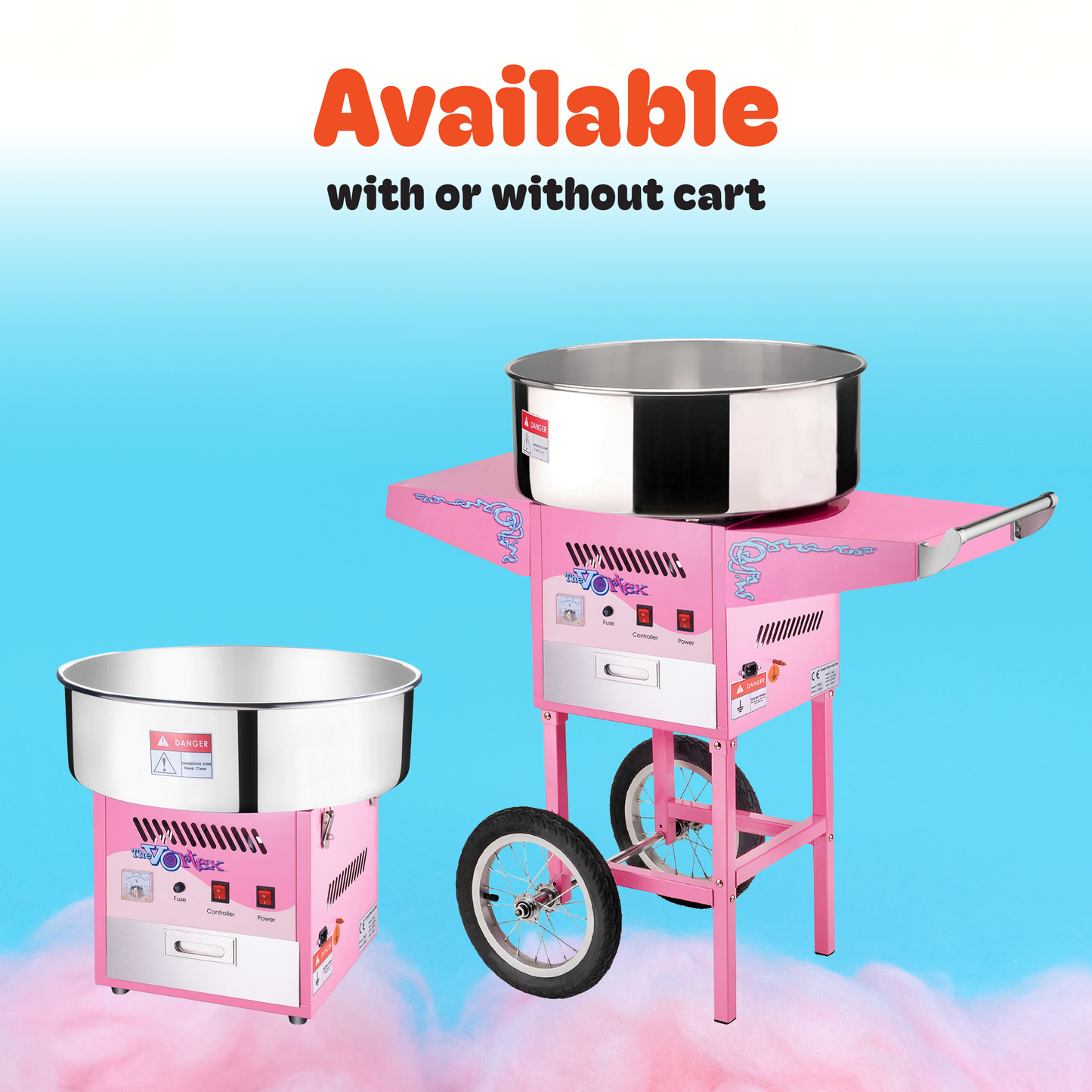 Cotton Candy Machine with Cart  Vortex Candy Maker with Stainless-Steel Pan, 2 Side Trays, and 13-inch Wheels by Great Northern Popcorn (Pink)