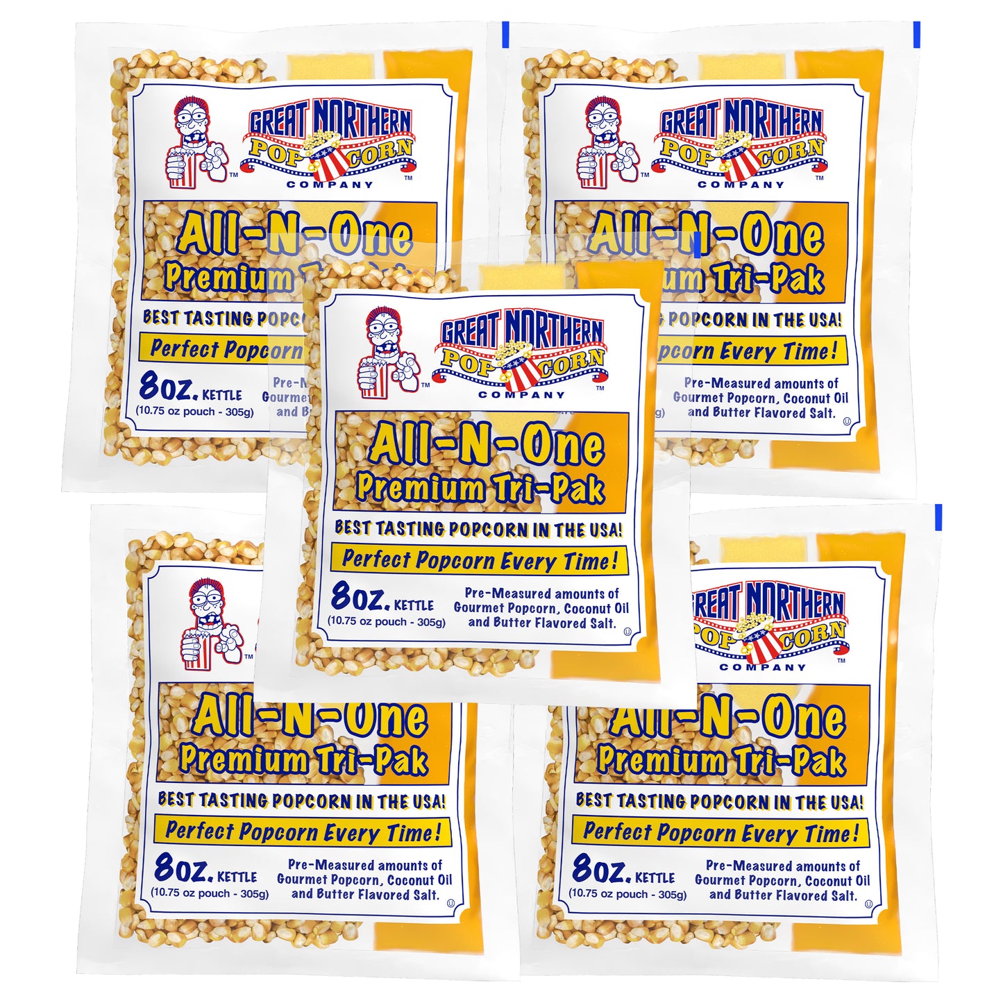 8 oz Popcorn Packs – Pre-Measured, Movie Theater Style, All-in-One Kernel, Salt, Oil Packets for Popcorn Machines by Great Northern Popcorn (5-Pack)