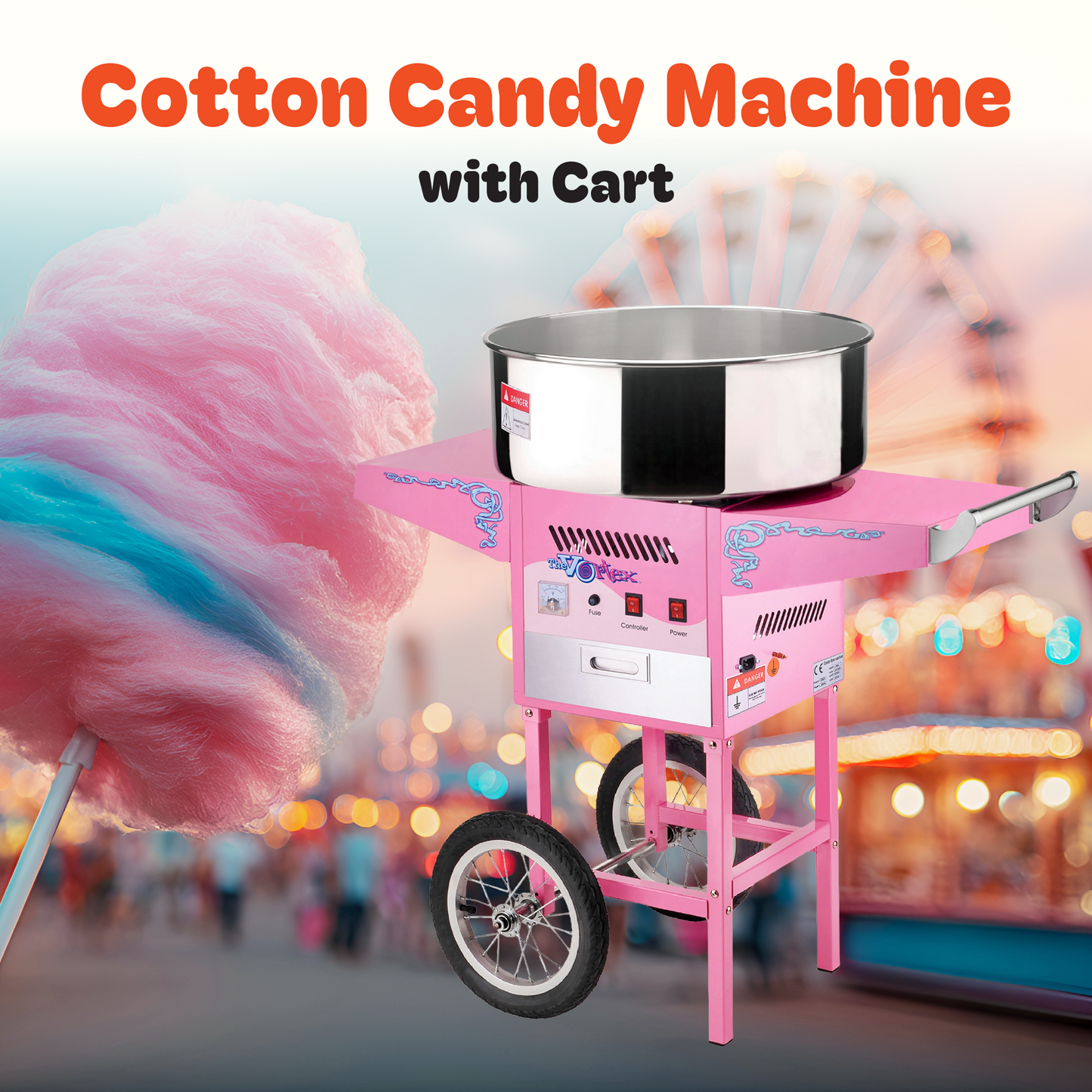 Cotton Candy Machine with Cart  Vortex Candy Maker with Stainless-Steel Pan, 2 Side Trays, and 13-inch Wheels by Great Northern Popcorn (Pink)