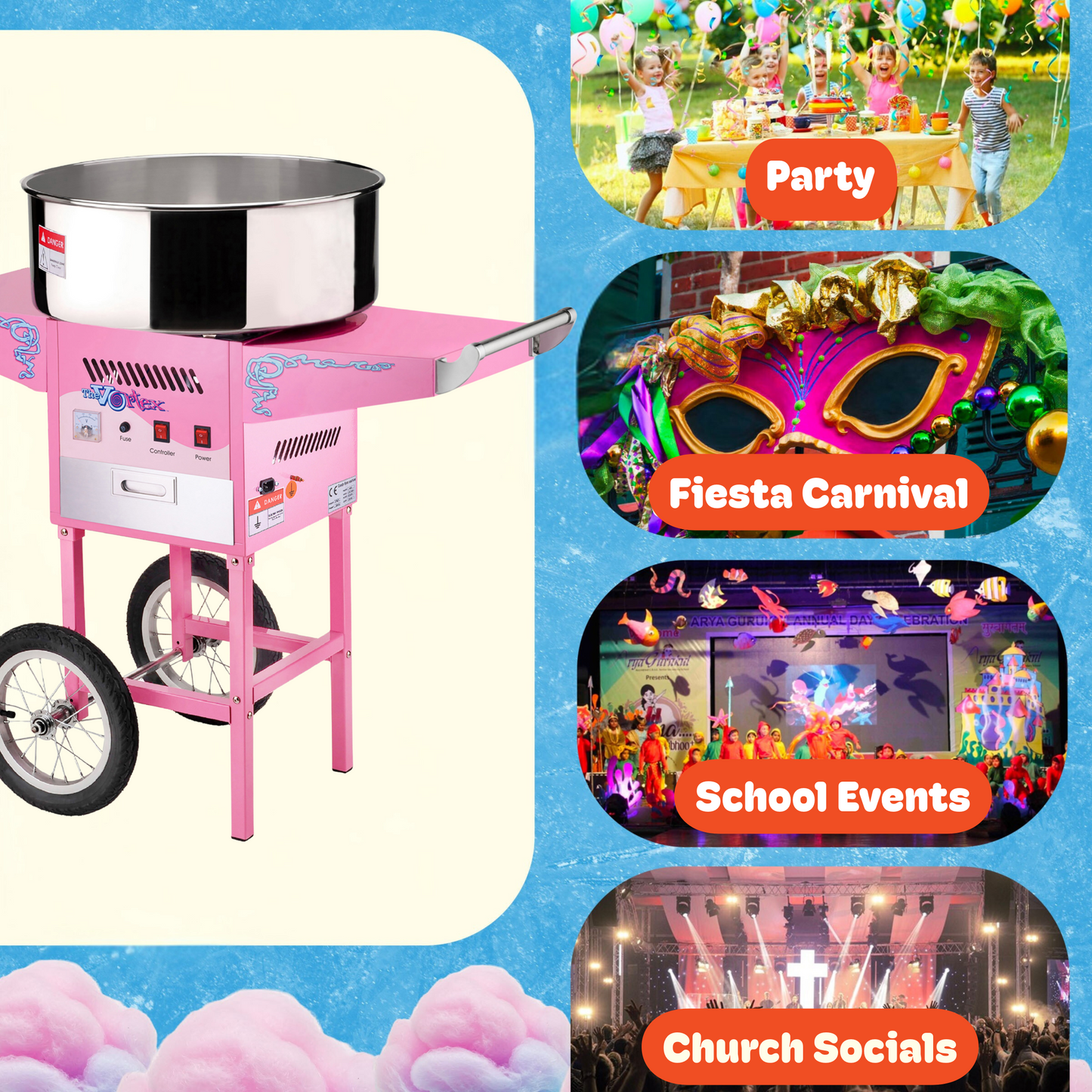 Cotton Candy Machine with Cart  Vortex Candy Maker with Stainless-Steel Pan, 2 Side Trays, and 13-inch Wheels by Great Northern Popcorn (Pink)