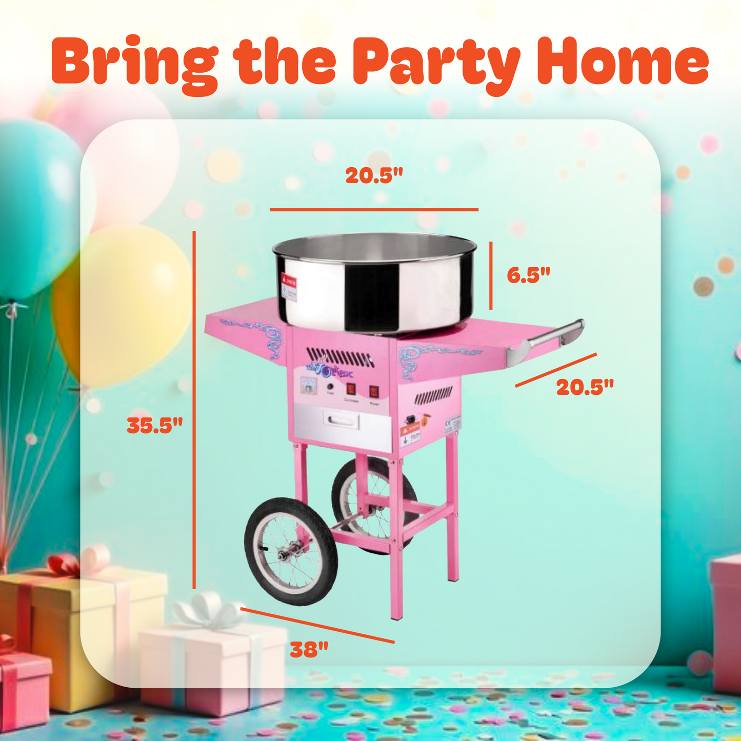 Cotton Candy Machine with Cart  Vortex Candy Maker with Stainless-Steel Pan, 2 Side Trays, and 13-inch Wheels by Great Northern Popcorn (Pink)