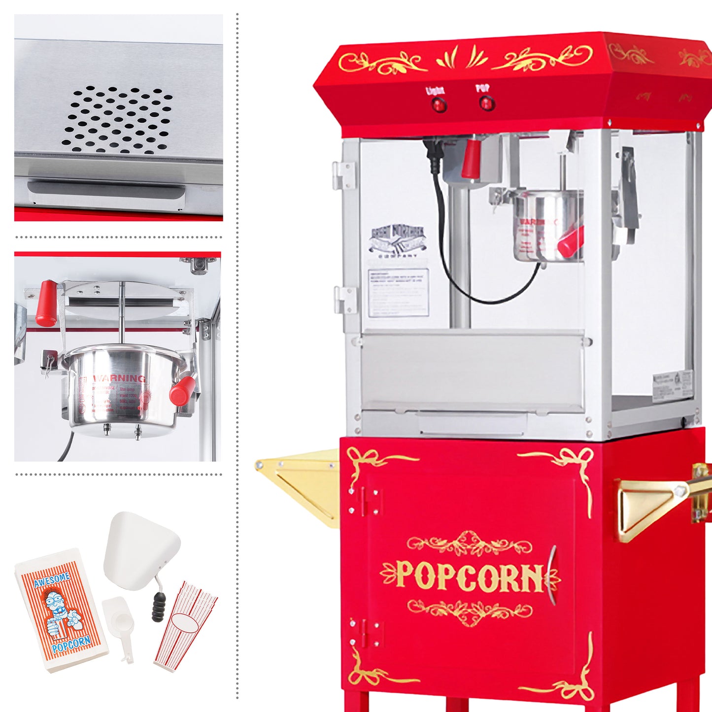 Foundation Popcorn Machine with Cart and 6 Ounce Kettle - Red