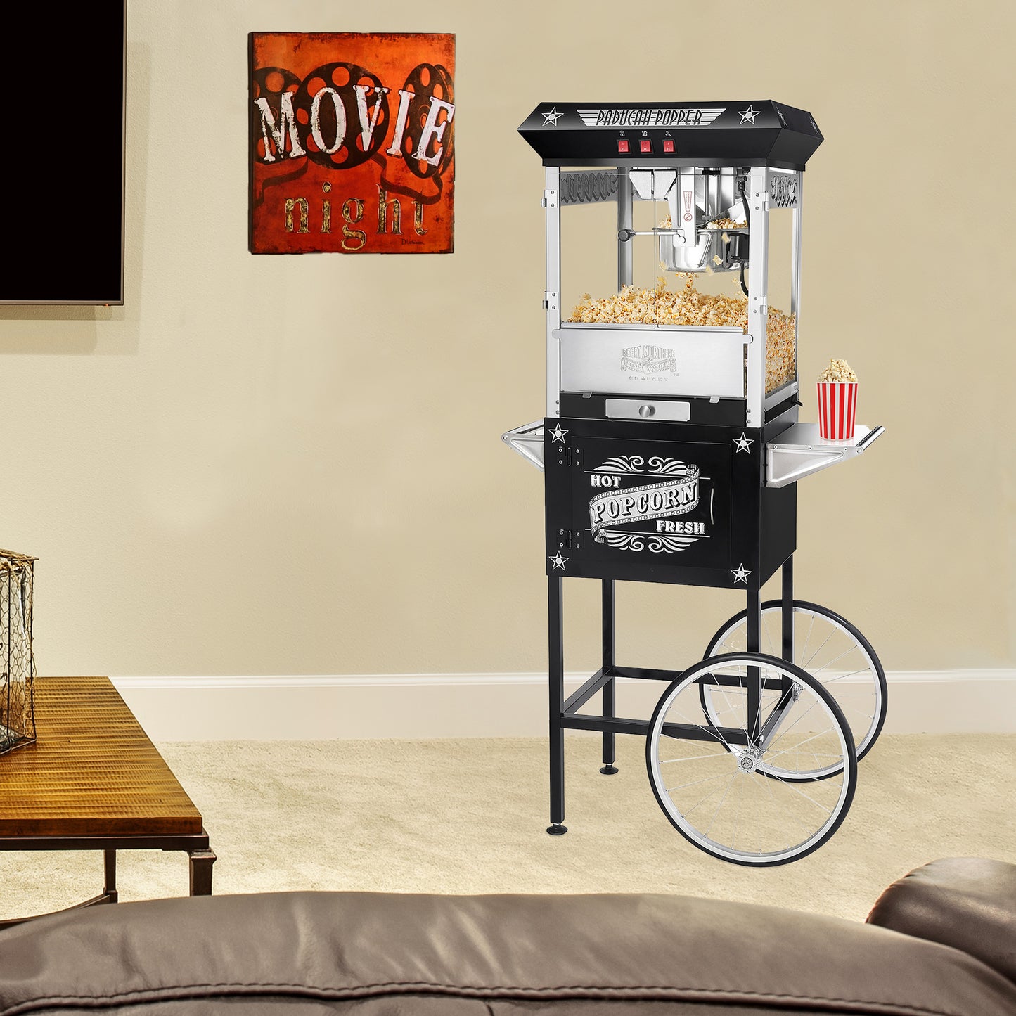 Paducah Popcorn Machine with Cart and 8 Ounce Kettle - Black