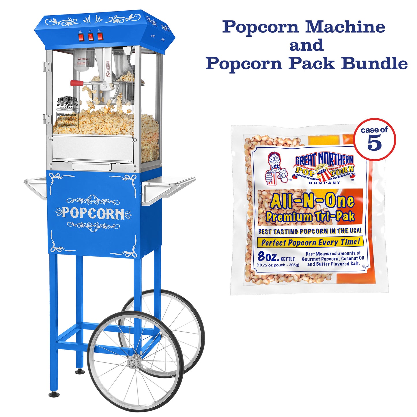 Foundation Popcorn Machine with Cart, 8 Ounce Kettle and 5-Pack of All-in-One Kernels - Blue