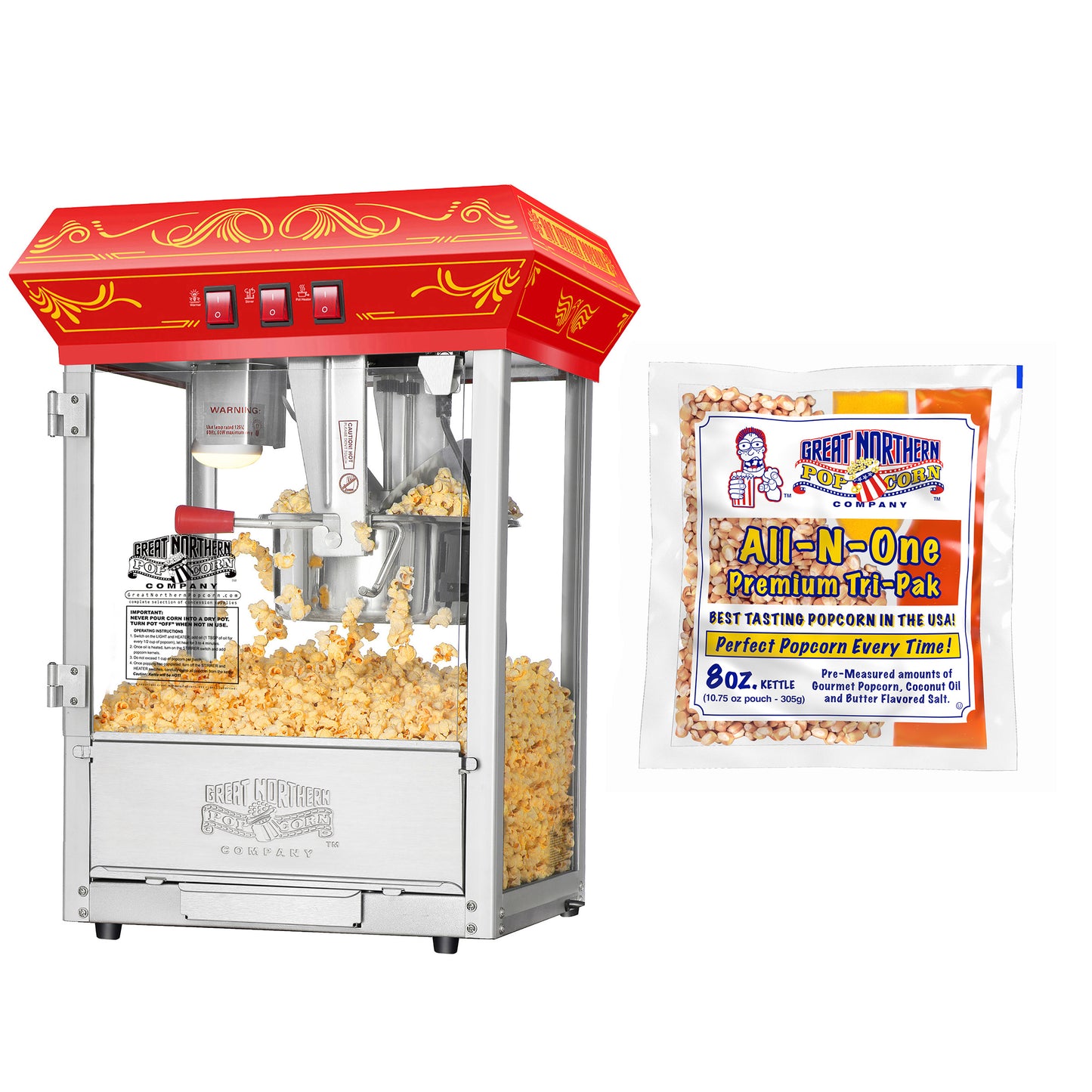 Good Time Countertop Popcorn Machine with 8 Ounce Kettle and 5 All-In-One Popcorn Packs - Red