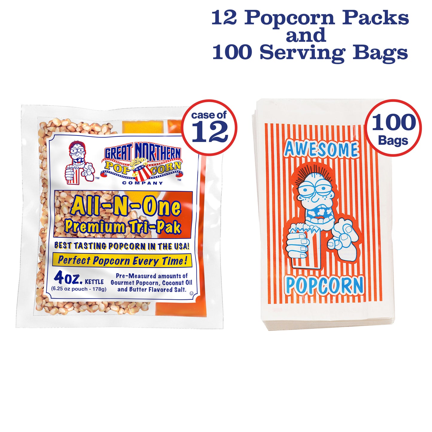 12oz Popcorn Packs and 100 Popcorn Bags – 24 Pre-Measured, All-in-One  Kernels, Salt, Oil Packets for Popcorn Machines by Great Northern Popcorn 