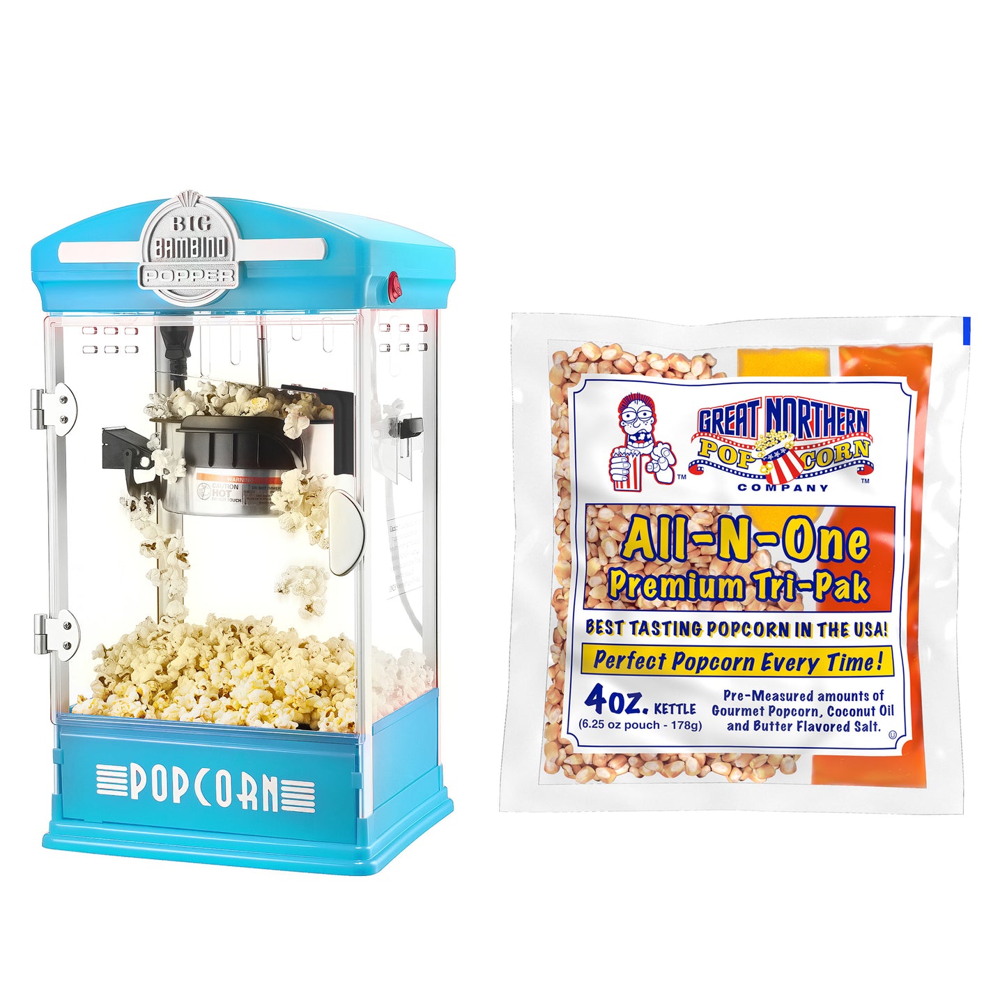 Big Bambino Popcorn Machine  with  4 Oz Kettle and 24 Pack of All-In-One Popcorn Kernel Packets - Blue