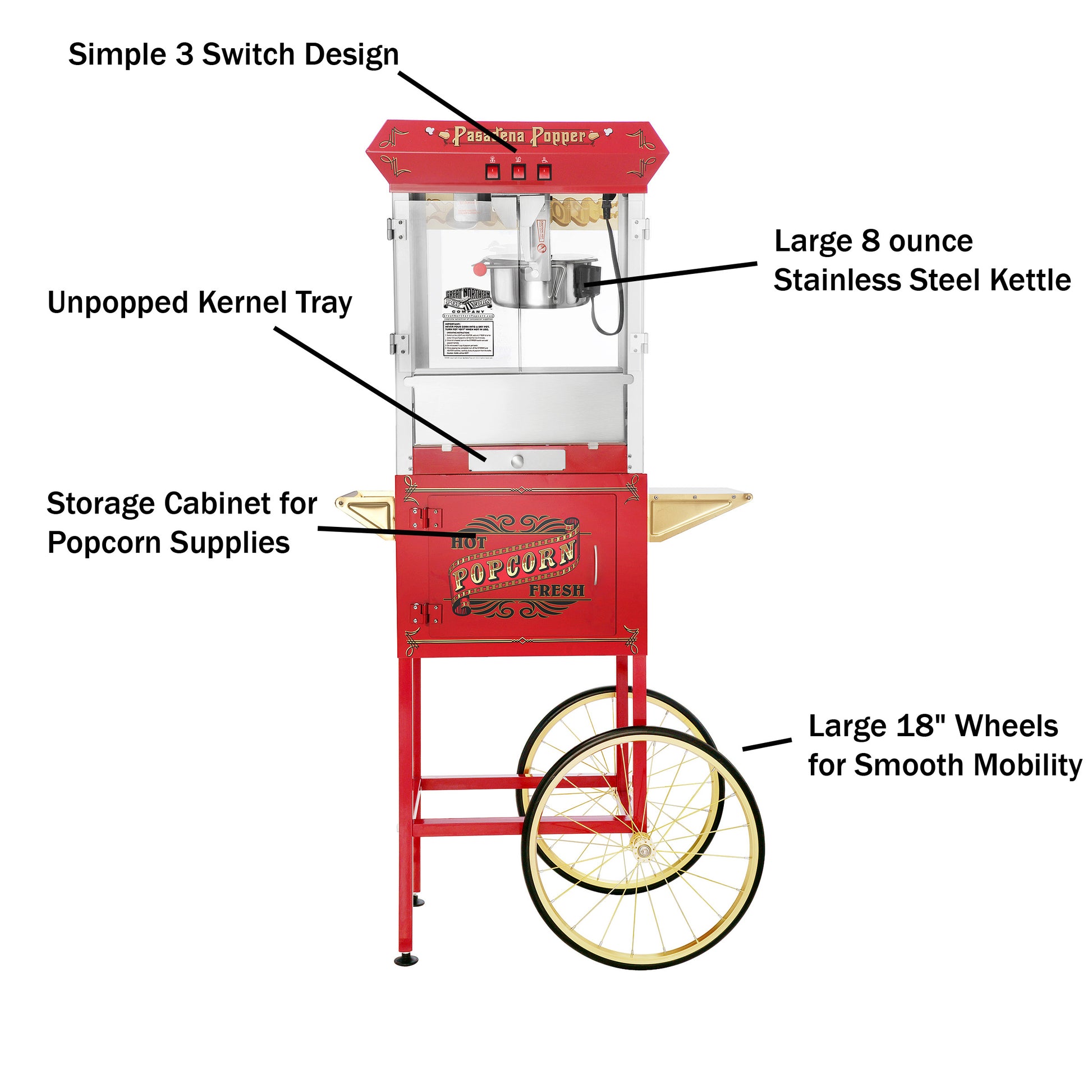 Popcorn Machine with Cart – 8oz Popper with Stainless-Steel Kettle by Great Northern Popcorn (Red)