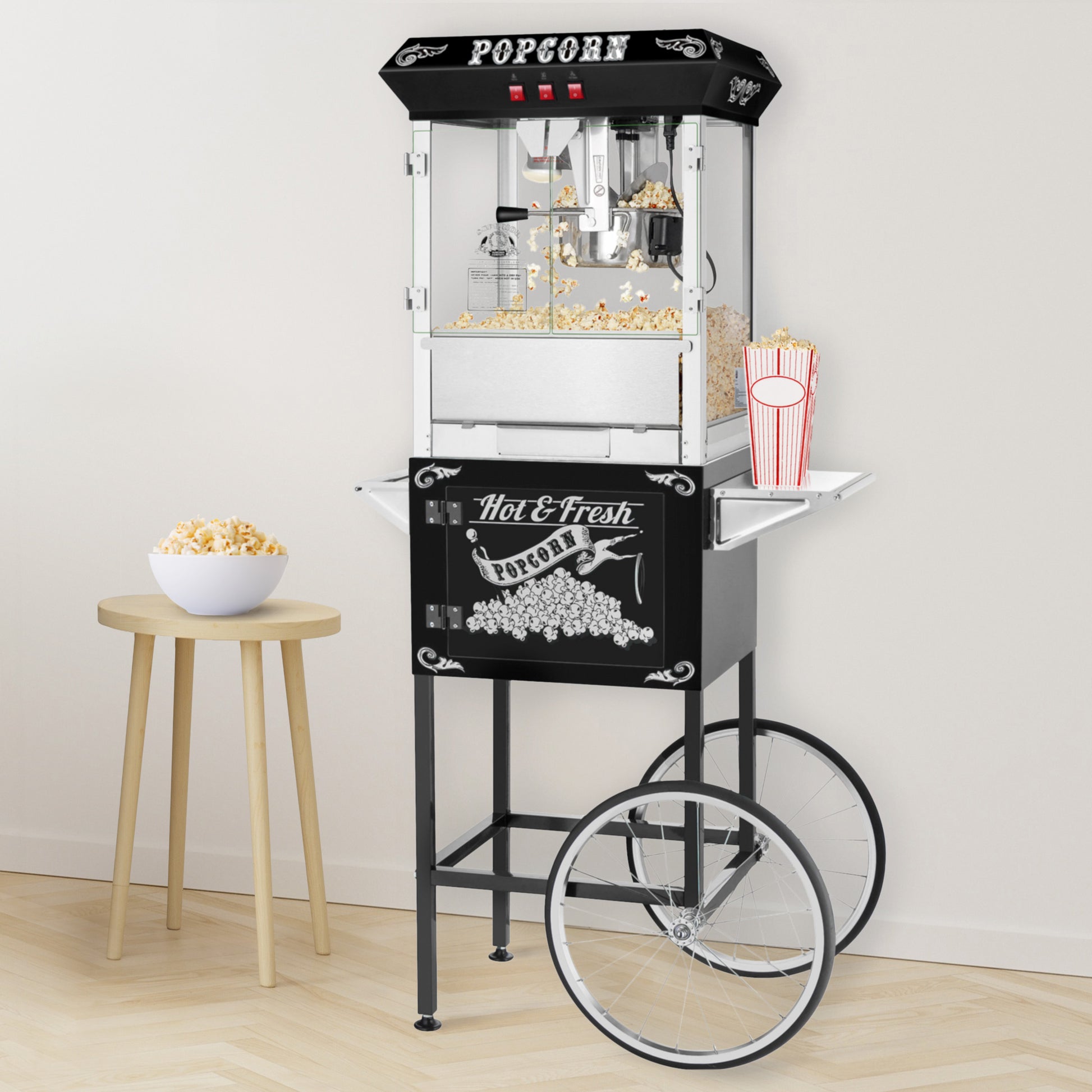 Popcorn Machine with Cart – 8oz Popper with Stainless-steel Kettle, Heated  Warming Deck, and Old Maids Drawer by Great Northern Popcorn (Black)