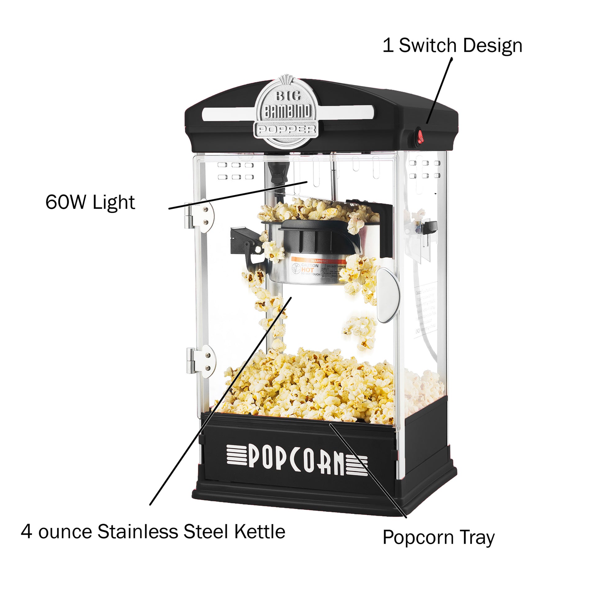 Great Northern 4 oz. Black Big Bambino Old-Fashioned Popcorn Machine with Kettle, Measuring Cups, Scoop, and Serving Cups