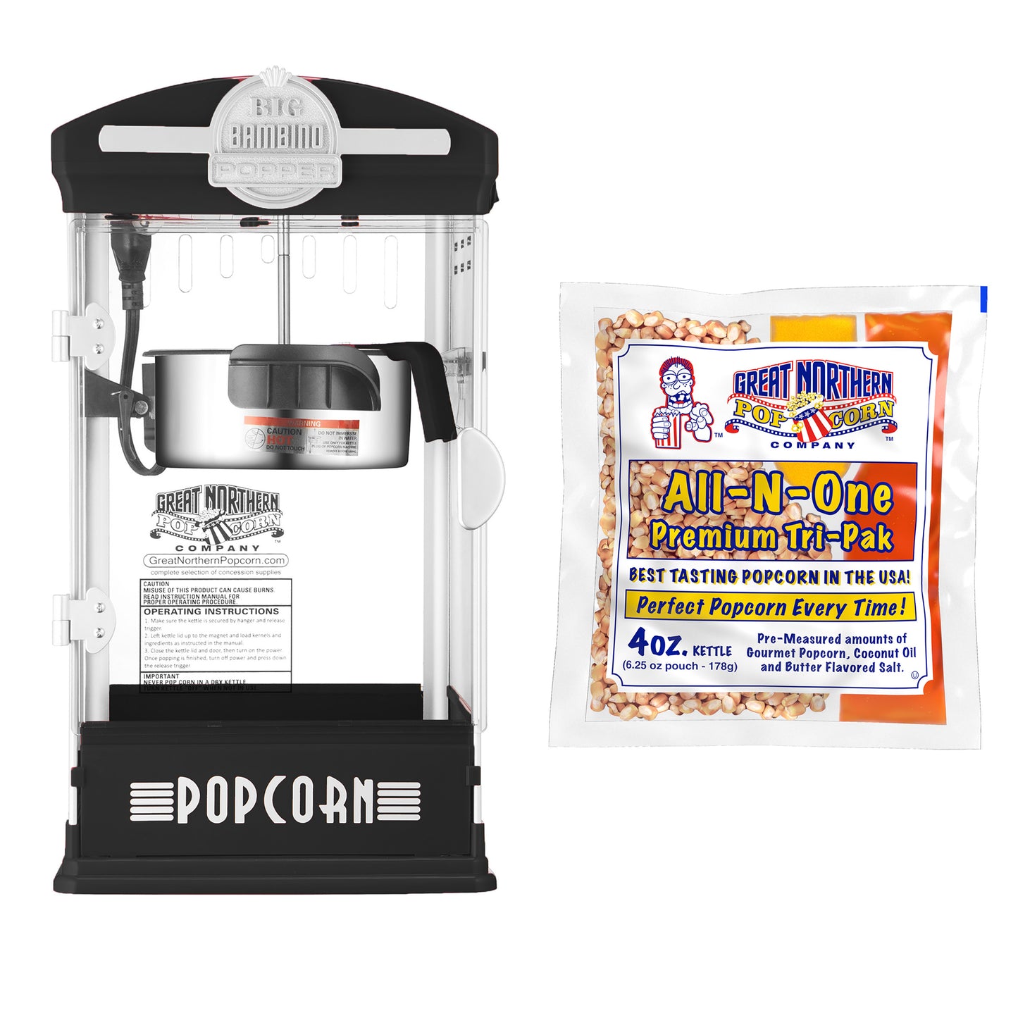 Big Bambino Popcorn Machine with 4 Ounce Kettle and 12 Pack of All-In-One Popcorn Kernel Packets,  - Black