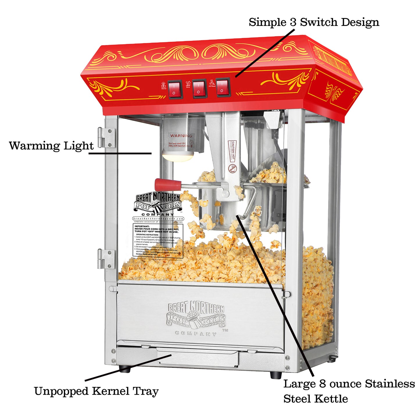 Good Time Countertop Popcorn Machine with 8 Ounce Kettle and 5 All-In-One Popcorn Packs - Red