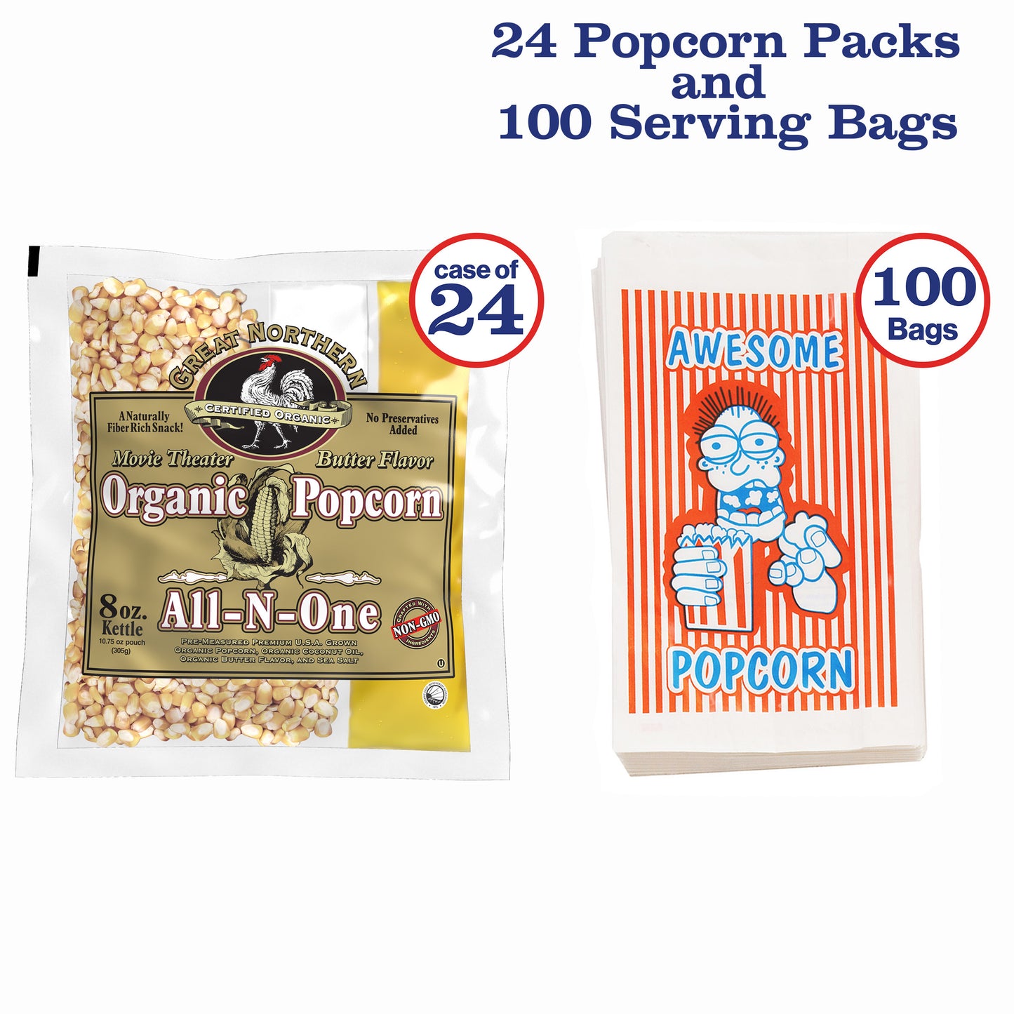 100 Popcorn Bags and 8 Ounce All-in-One Organic Popcorn Packs  – Case of 24