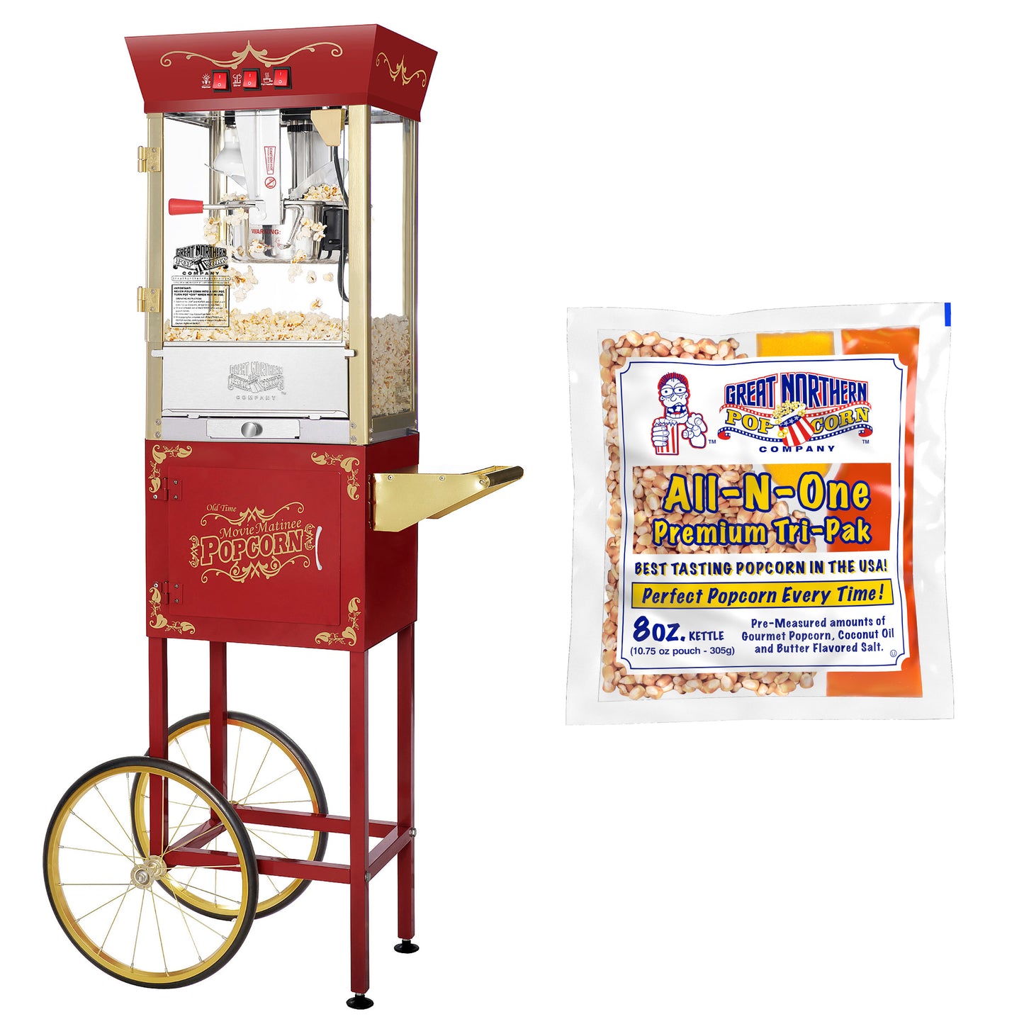 Matinee Countertop Popcorn Machine with 8 Ounce Kettle and 5 All-In-One Popcorn Packs - Red