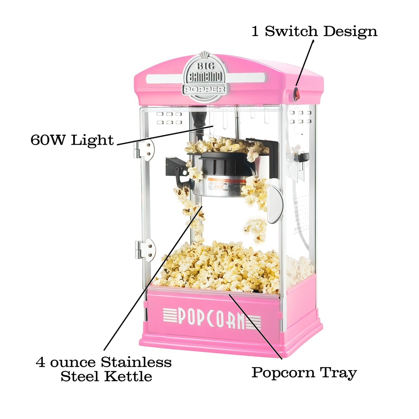 Little Bambino Popcorn Machine with 2.5 Ounce Kettle and 12 Pack of All-In-One Popcorn Kernel Packets - Pink