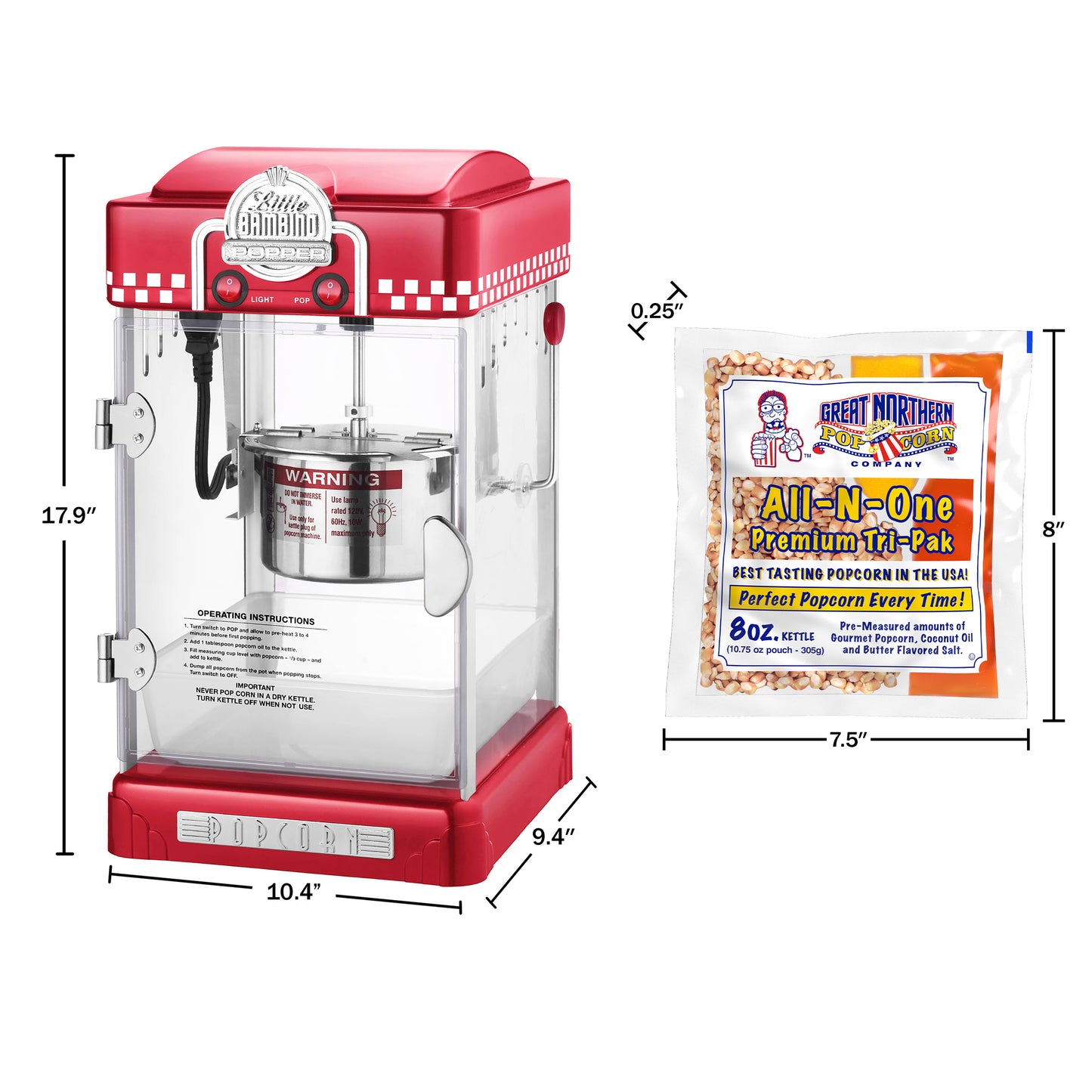 Little Bambino Popcorn Machine  with 2.5 Ounce Kettle and 12 Pack of All-In-One Popcorn Kernel Packets  - Red
