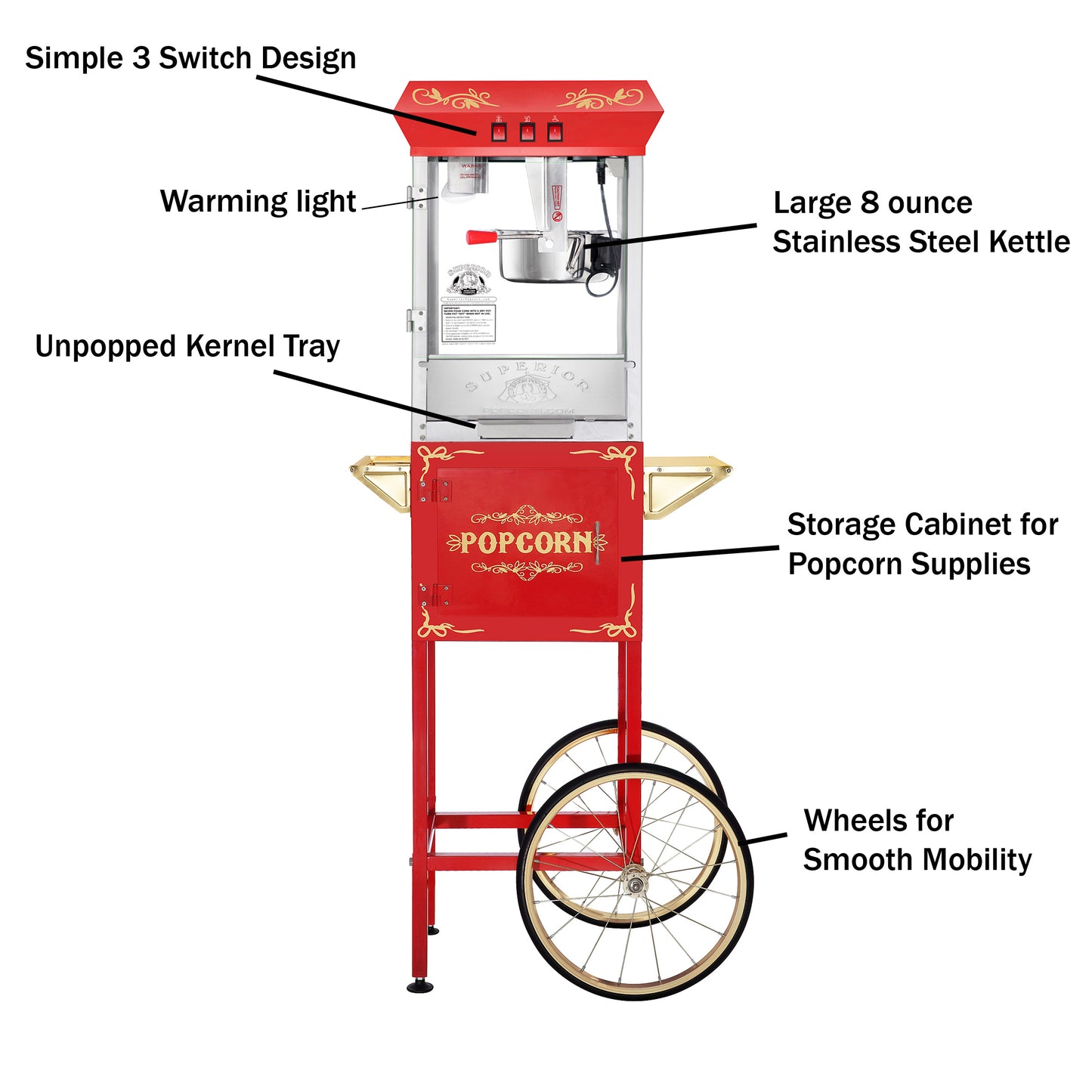 Carnival Popcorn Machine with Cart and 8 Ounce Kettle - Red
