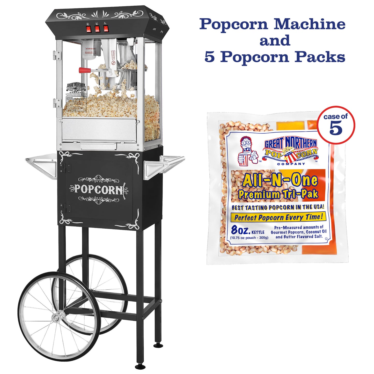 Foundation Popcorn Machine with Cart, 8 Ounce Kettle and 5 All-In-One Popcorn Packs - Black