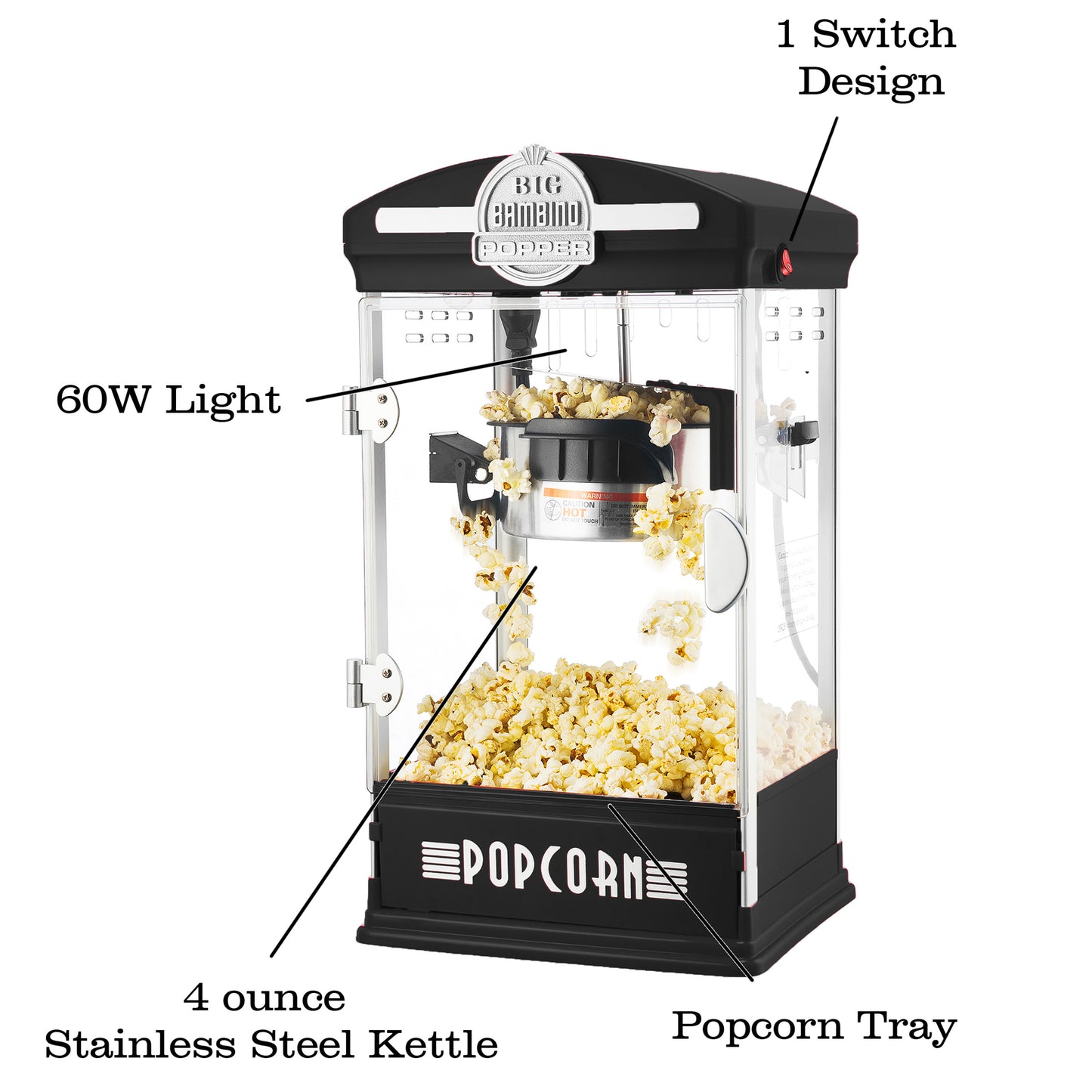 Big Bambino Popcorn Machine with 4 Ounce Kettle and 12 Pack of All-In-One Popcorn Kernel Packets,  - Black